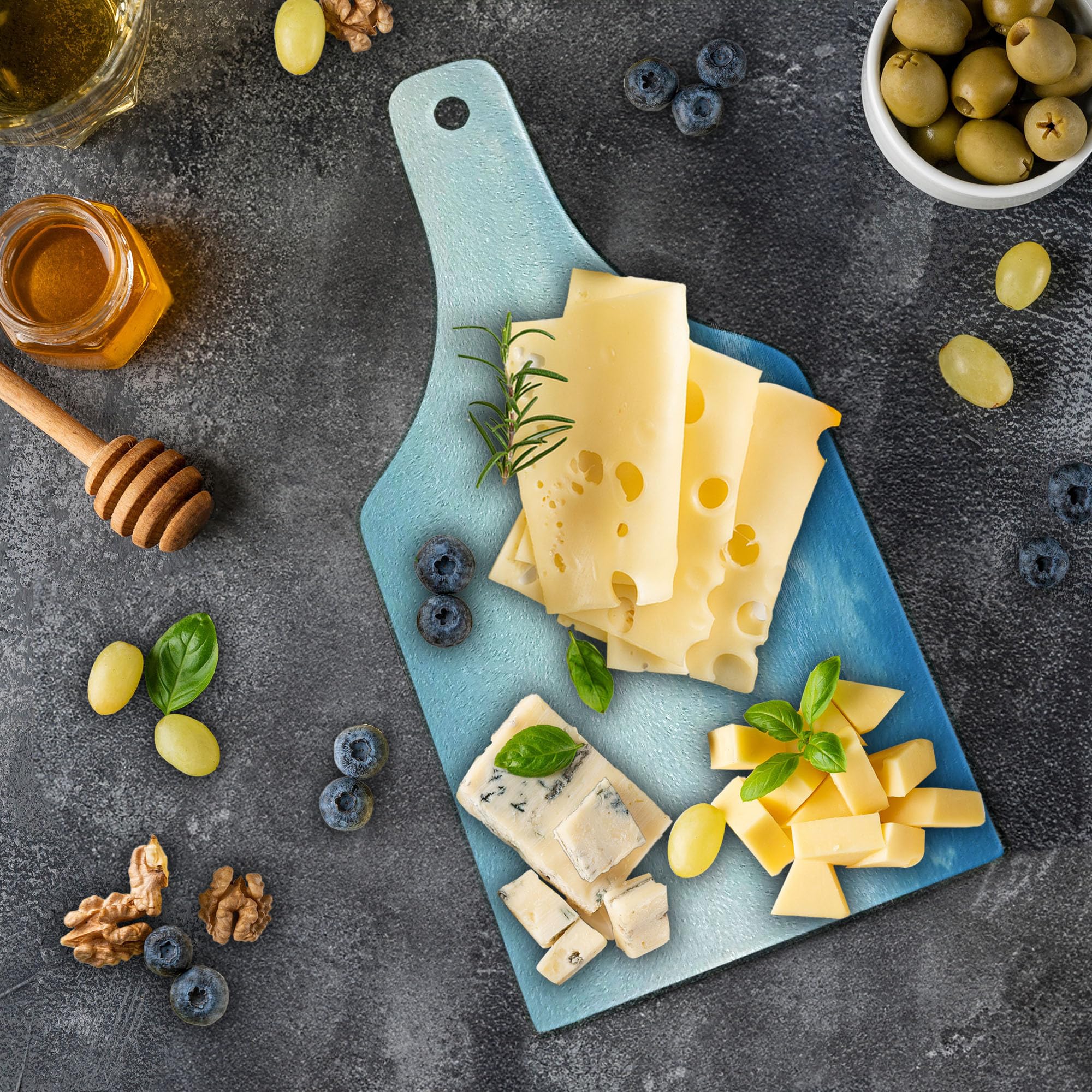 Ambesonne Clouds Tempered Glass Cutting Board - Wine Bottle Shape, Blue & White Design for Kitchen & Serving - Perfect for Cheese, Charcuterie & Entertaining