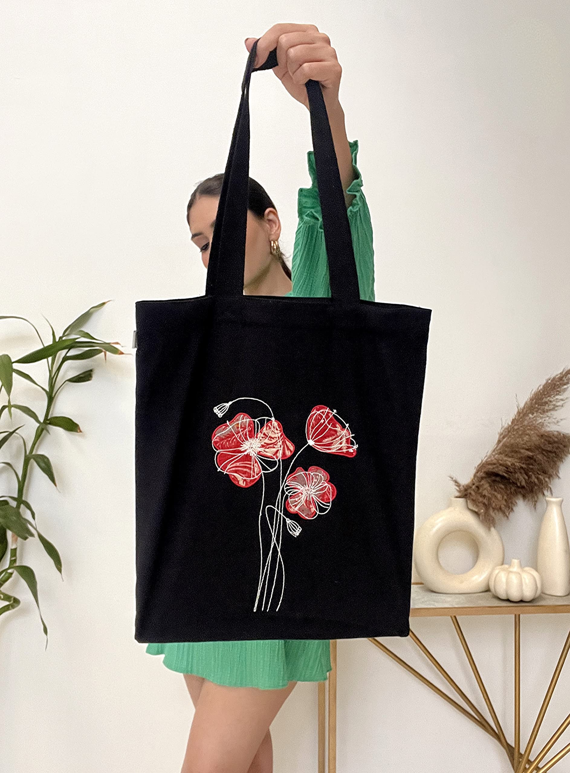 MASQ Women & Girls' Embroidered Canvas Zip Tote Bag - 100% Organic Cotton Eco-Friendly Reusable Shopping Bag | Stylish Work, College, Travel & Casual Purse | Perfect Affordable Gift for Birthday, Mother's Day & Everyday Use