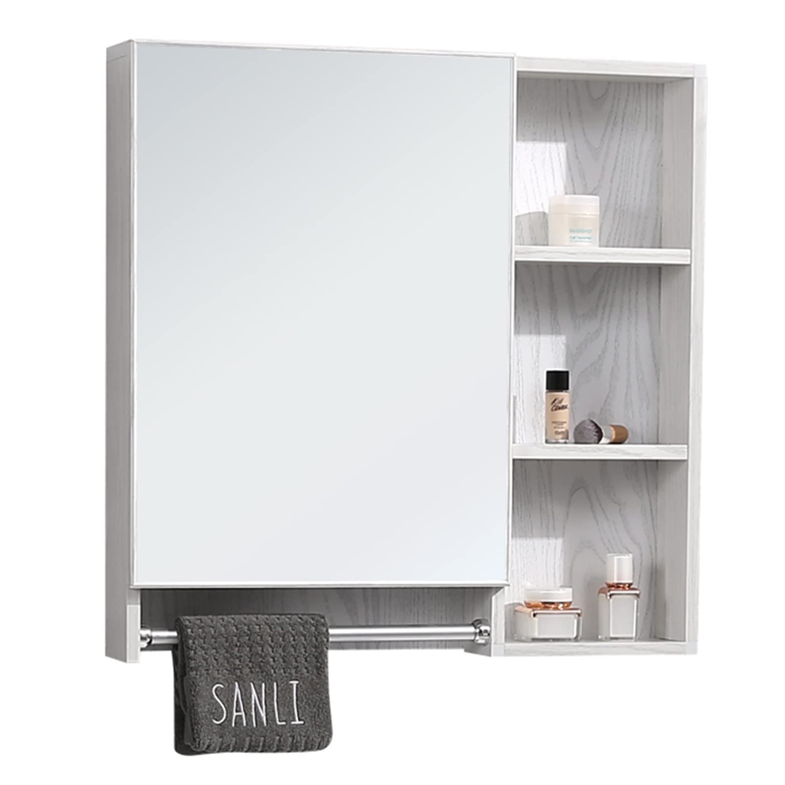 White Wood Grain Wall Mounted Mirror Cabinet - 60x68.5x13cm Waterproof Bathroom Storage with Aluminum Frame - Perfect for Small Bathrooms, Toilets & Vanity Areas