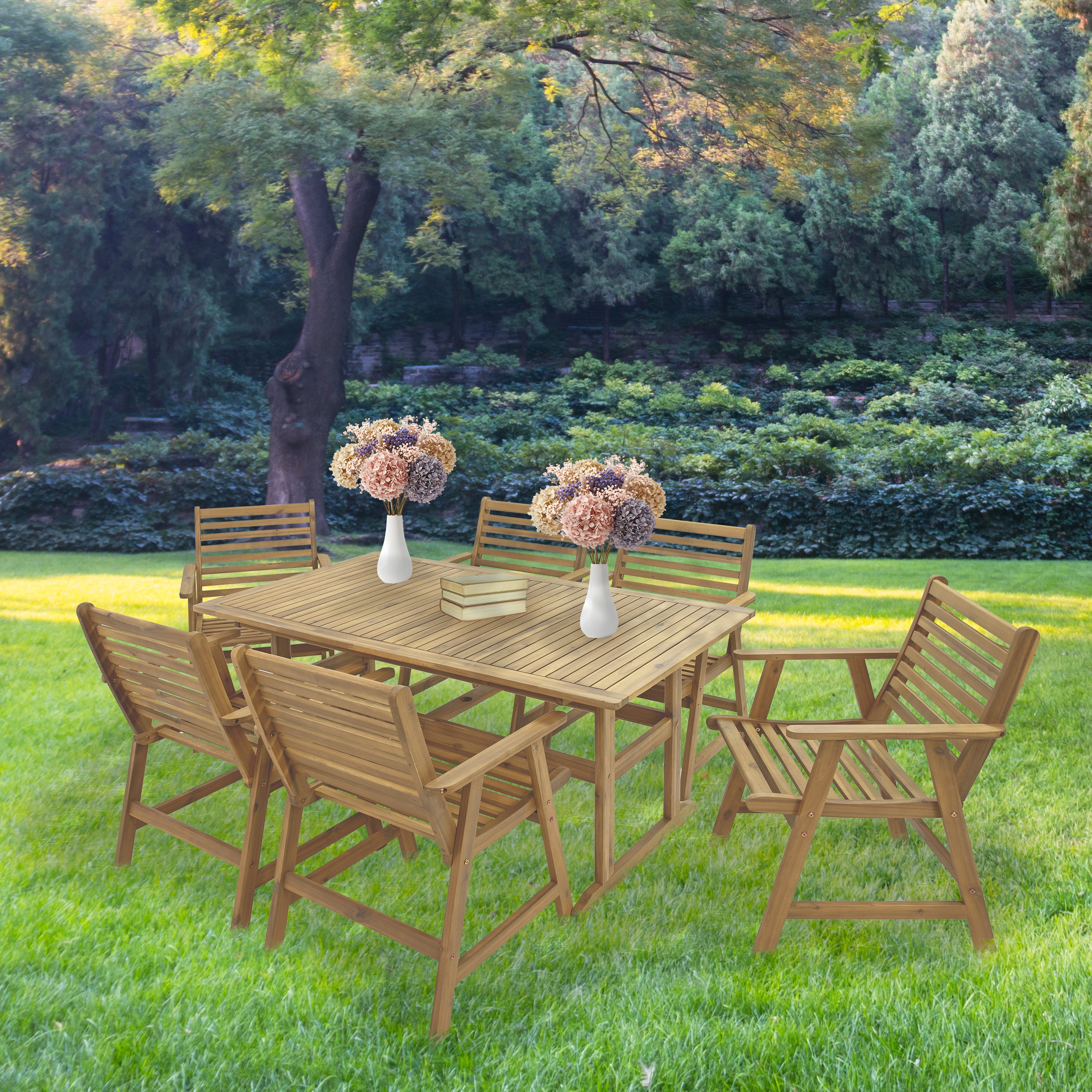 Sunnydaze Hatteras 7-Piece Outdoor Patio Dining Set with Umbrella Hole - Seats 6 People - Perfect for Backyard BBQs, Poolside Gatherings & Garden Parties