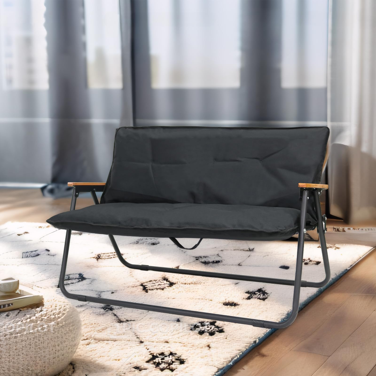 Folding Double Camping Chair with Detachable Cushion & Armrests - Portable Loveseat for Outdoor Activities, Fishing, Travel, Picnics, Beach, Patio & Backyard (Black) - Perfect for Couples & Family Relaxation