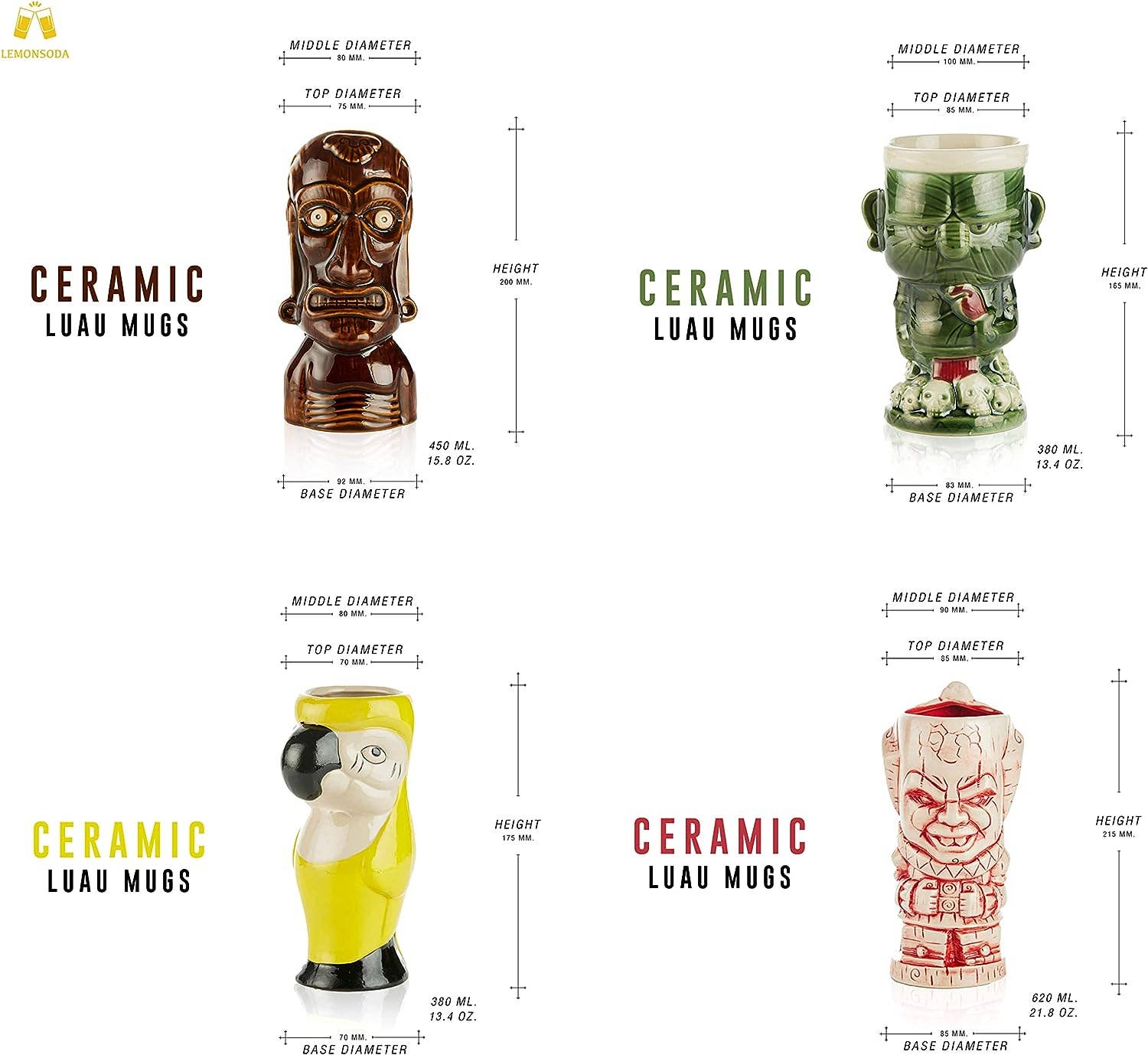 Hawaiian Luau Tiki Mug Set of 4 - Handcrafted Ceramic Tropical Drink Cups for Cocktails, Smoothies & Party Decor - Perfect for Beach Themed Parties, Summer BBQs & Tiki Bar Decorations