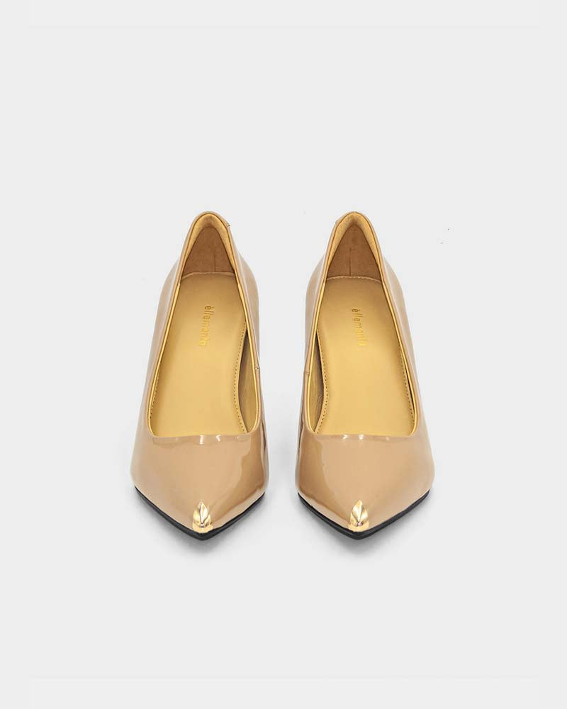 Beige Patent Leather Classic Pumps with Gold Toe Cap - Elegant Women's Dress Shoes for Office, Wedding & Formal Events