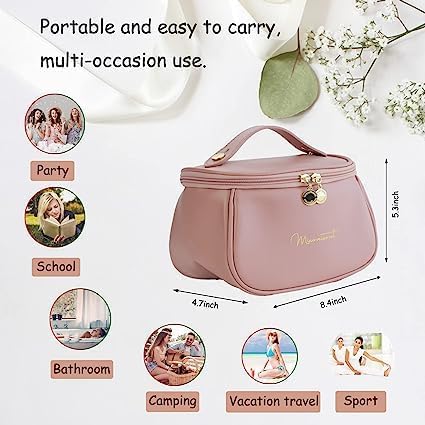 RELEMTRA Women's Leather Cosmetic Travel Bag - Portable Makeup Organizer with Handle & Divider, Wide Opening Cute Pink Makeup Storage Bag for Travel, Gym, Work & Daily Use