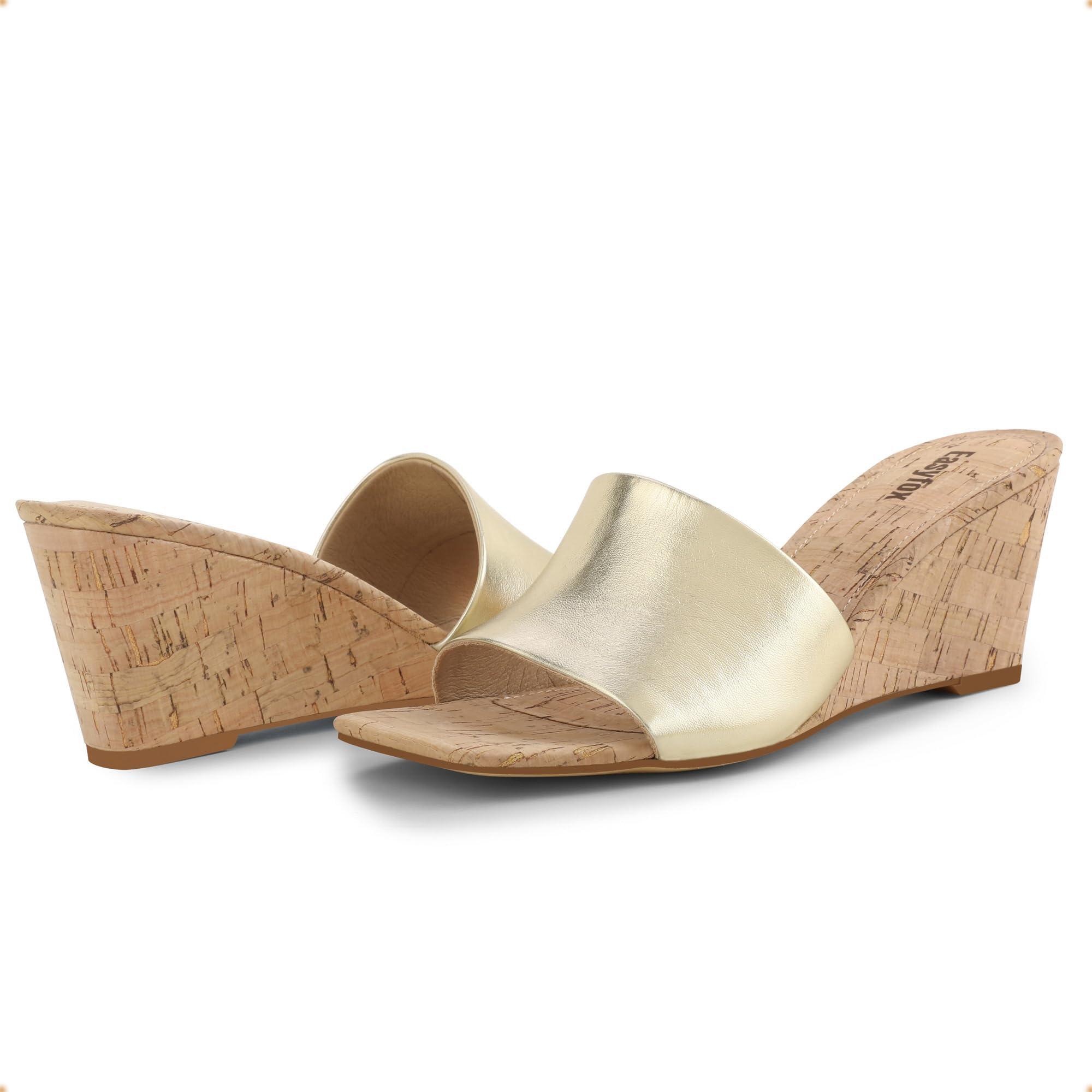 Women's Open Toe Wedge Sandals - Square Toe High Heel Slip-On Mules with Wood Grain Design | Casual Summer Shoes for Beach, Party & Everyday Wear