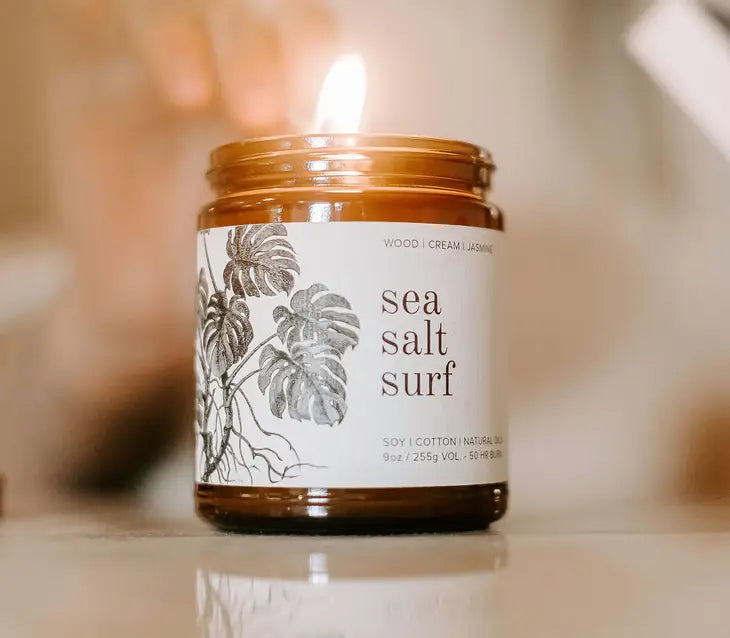 Natural Sea Salt Surf Soy Candle - 9 oz Handmade Aromatherapy Candle for Relaxation, Beach House Decor & Gift Idea