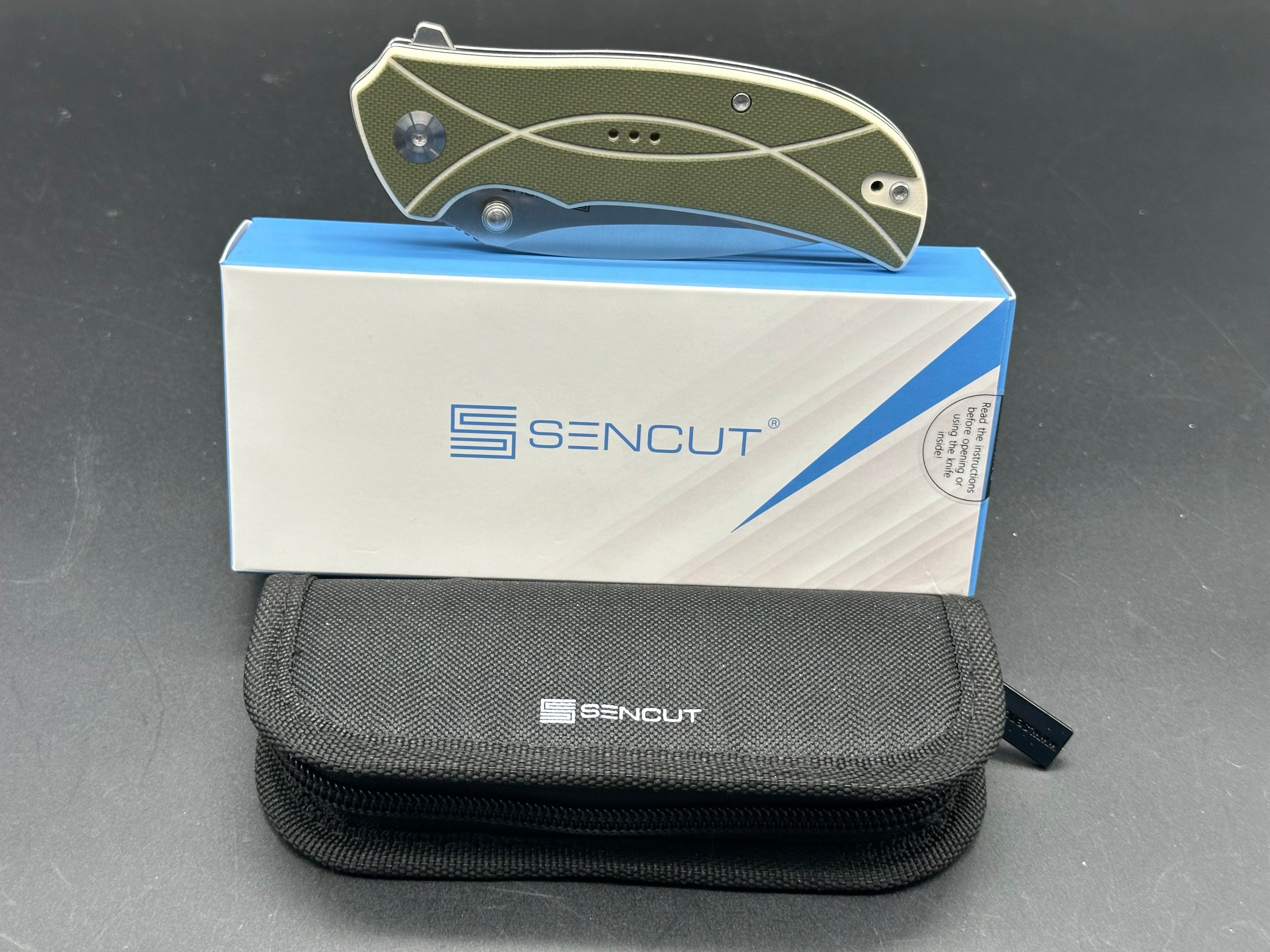 SENCUT HYRAX Folding Pocket Knife - 9CR18MOV Steel Blade, Green/Off-White G10 Handle, Leaf Shape Plain Edge with Satin Finish - EDC, Camping, Hiking & Outdoor Survival Tool