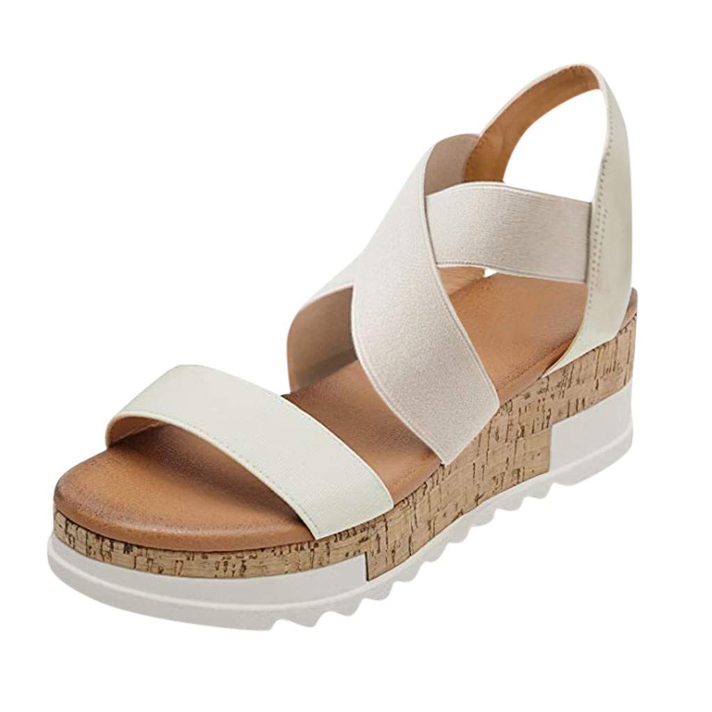 Ulanda Women's Summer Open Toe Wedge Sandals with Cork Platform & Elastic Strap - Casual Comfort for Beach, Vacation & Everyday Wear