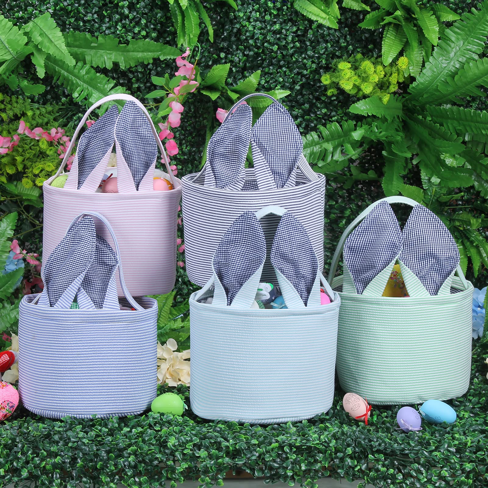 Personalized Easter Bunny Basket - Seersucker Egg Bags for Kids, Fluffy Tail Rabbit Print Candy Buckets (Purple) | Perfect for Easter Egg Hunts, Party Favors & Spring Gift Giving