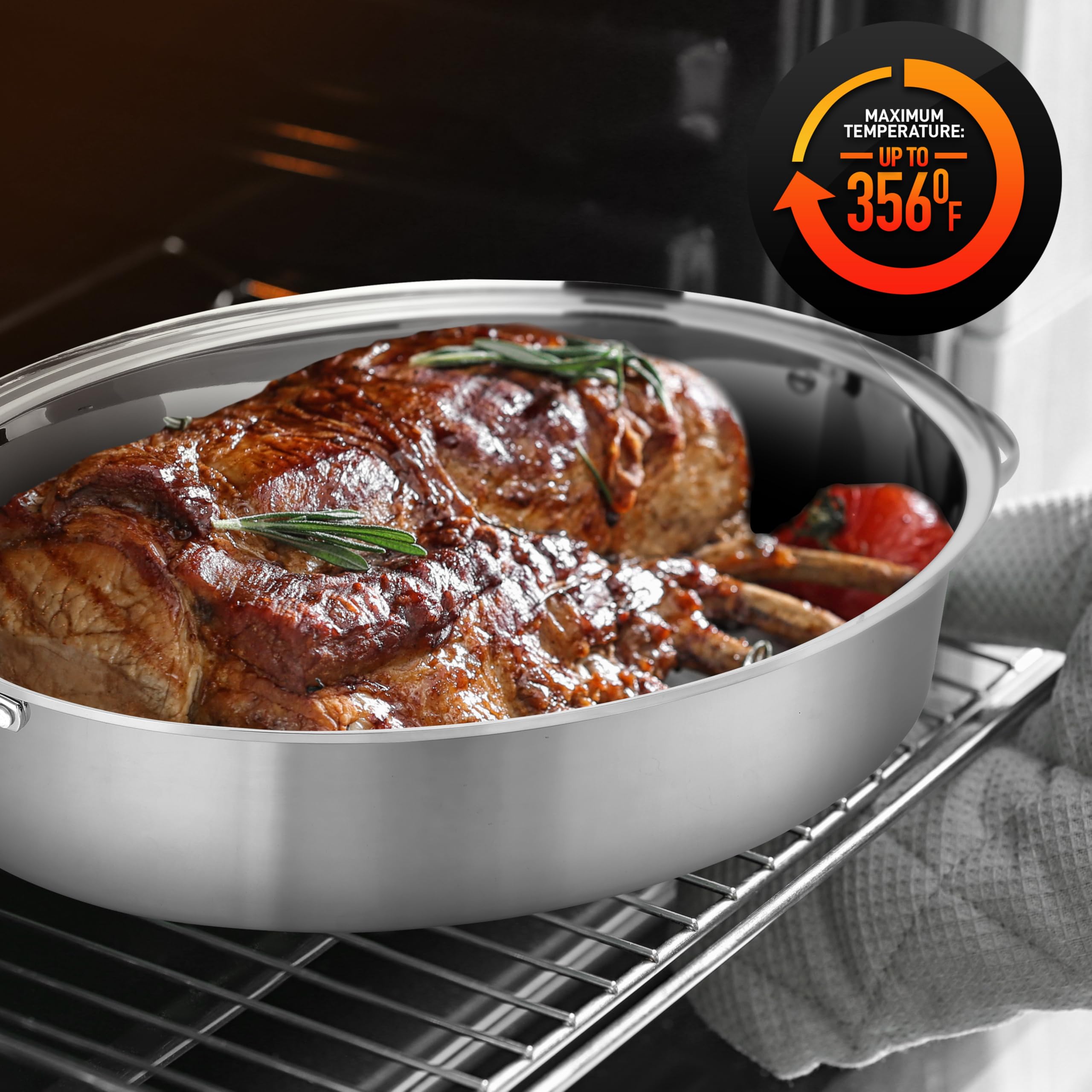 NutriChef 20-Inch Stainless Steel Oval Roasting Pan with Rack & Lid - Heavy Duty Turkey Roaster Pan for Oven, Dishwasher Safe Cookware for Chicken, Beef, Stews - Perfect for Thanksgiving, Holiday Dinners & Family Gatherings