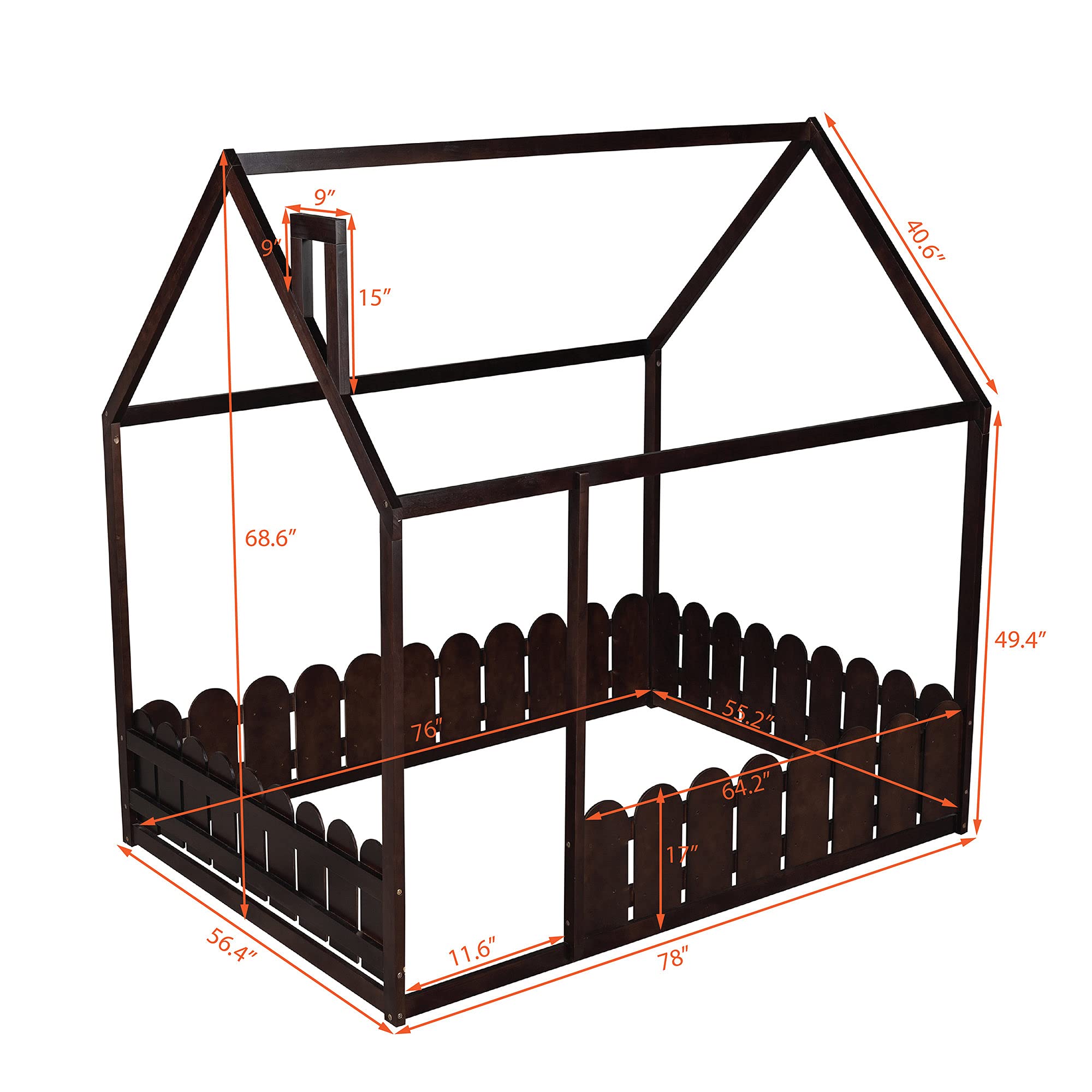 **House-Shaped Kids Wooden Floor Bed Frame with Safety Fence - Full Size, Espresso - No Weight Limit, Box Spring Needed - Perfect for Toddlers, Children & Teens (Girls & Boys) - Ideal for Playrooms, Bedrooms & Montessori Spaces**
