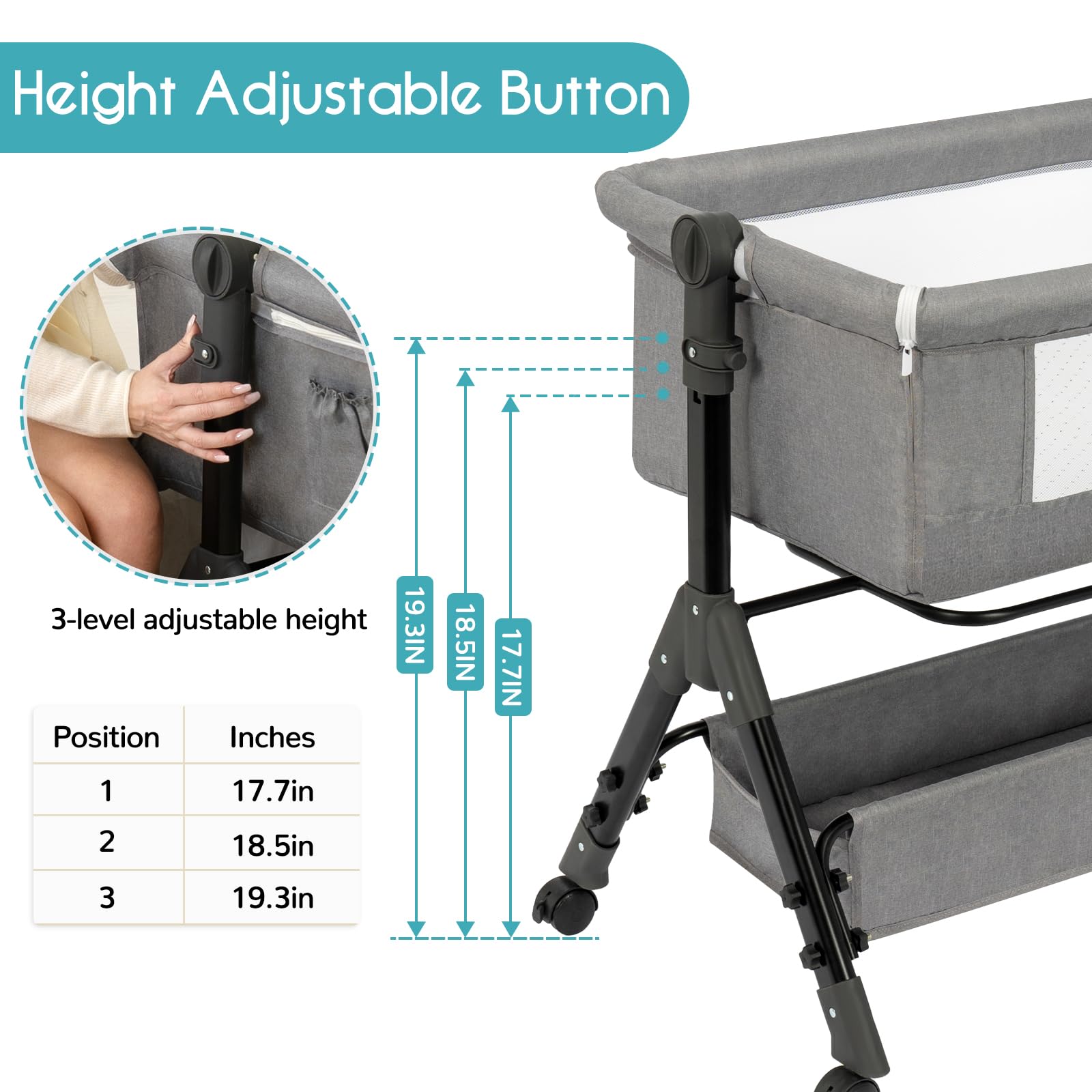 3 in 1 Adjustable Baby Bassinet Bedside Sleeper with Wheels, Storage Basket & Mattress - Portable Folding Crib for Newborns - Easy Assembly Nursery Essential for Co-Sleeping & Travel (Grey)
