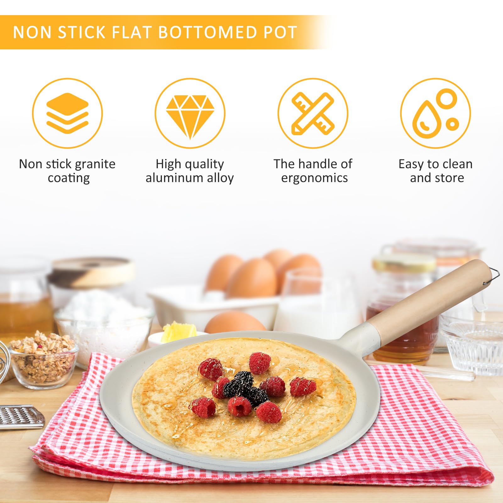 9.2 Inch Nonstick Crepe Pan with Wooden Handle - Lightweight Stovetop Pancake Maker, Cast Iron Tortilla Griddle with Excellent Heat Conduction - Perfect for French Crepes, Pancakes, Tortillas & Breakfast Cooking
