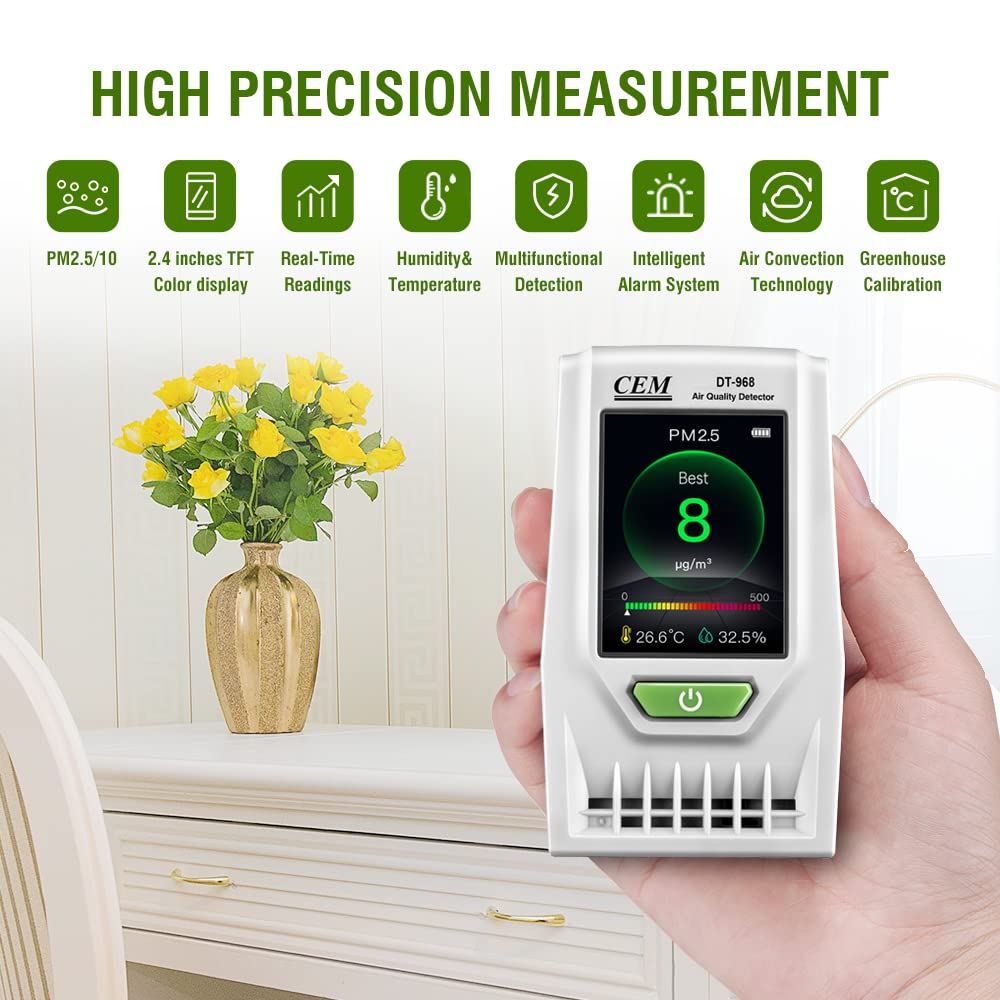 **CEM Air Quality Monitor - Accurate PM2.5 PM10 Detector with Humidity & Temperature Sensor | Real-Time Data & Mean Value Recording | Ideal for Indoor Air Quality Testing, Home, Office & School**