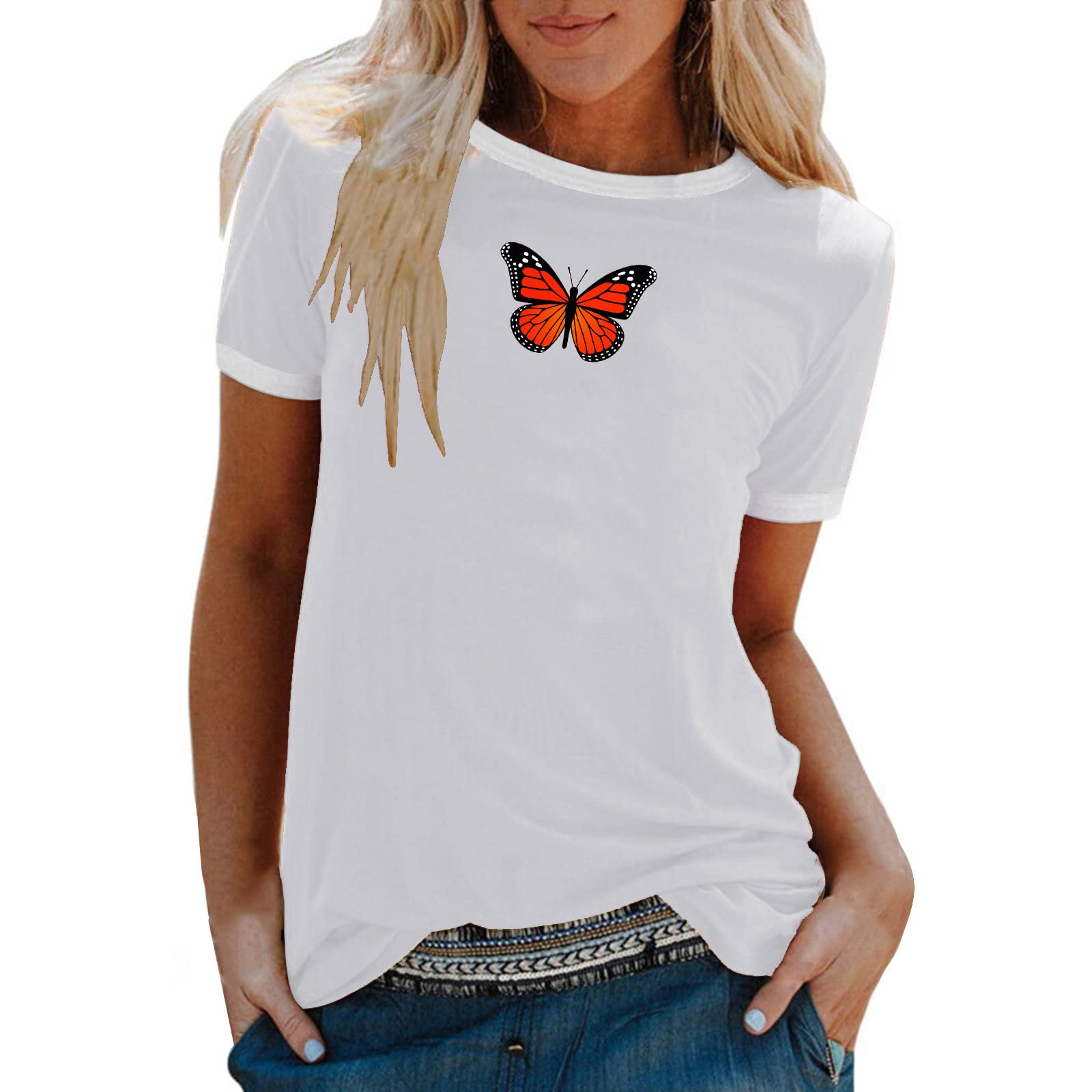 Women's Short Sleeve Butterfly Print Crew Neck T-Shirt - Casual & Dressy Pullover Top for Work, Date Night & Everyday Wear