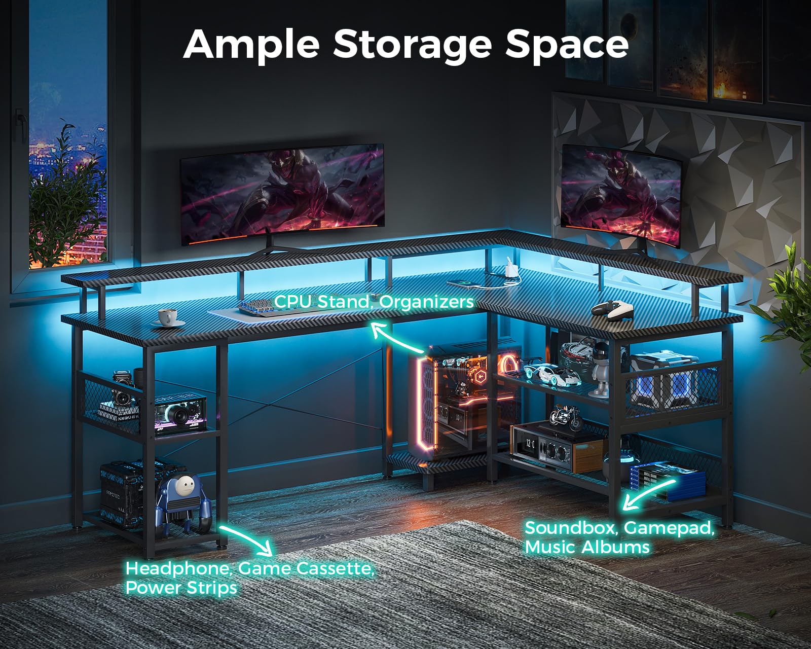 ODK 66 Inch L-Shaped Gaming Desk with Power Outlet & LED Lights - Carbon Fiber Texture PC Computer Desk, Reversible L-Shape Design with Storage Shelves & Monitor Stand - Perfect for Home Office, Streaming Setup & Gaming Battlestation (Black)