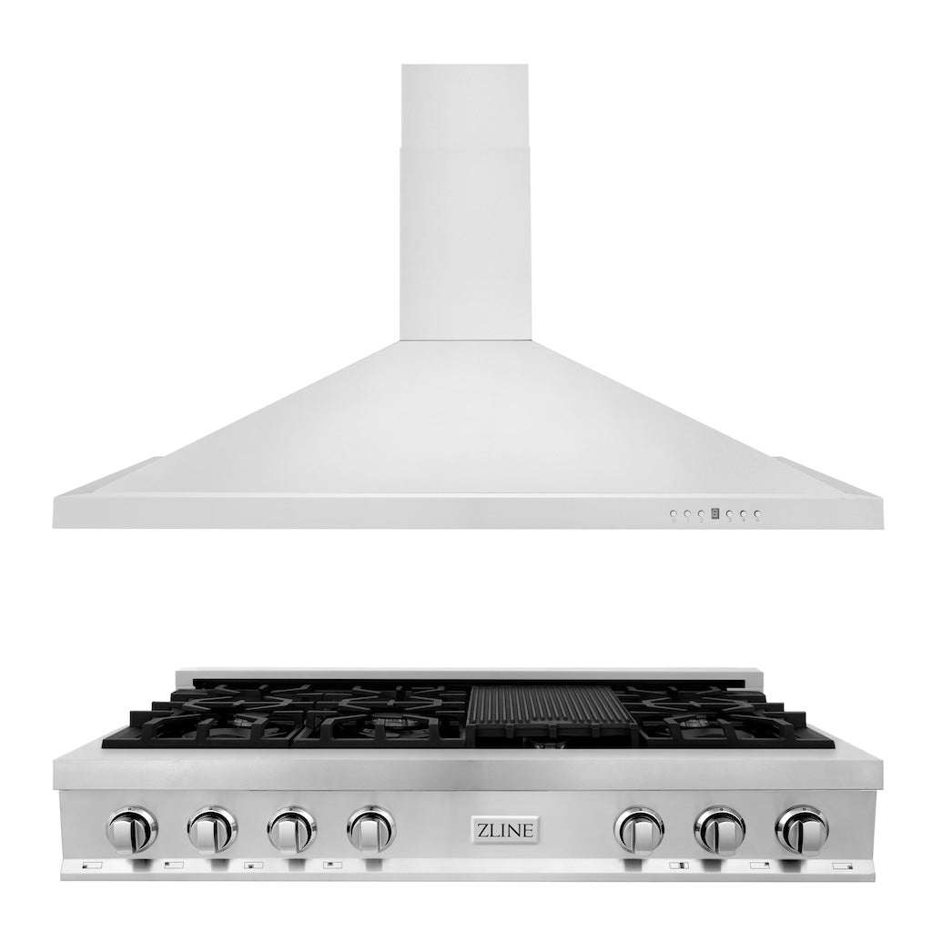 ZLINE 48-inch Stainless Steel Gas Rangetop with Convertible Range Hood - Professional Kitchen Package (2KP RTRH48) - Perfect for Home Chefs & Modern Kitchens