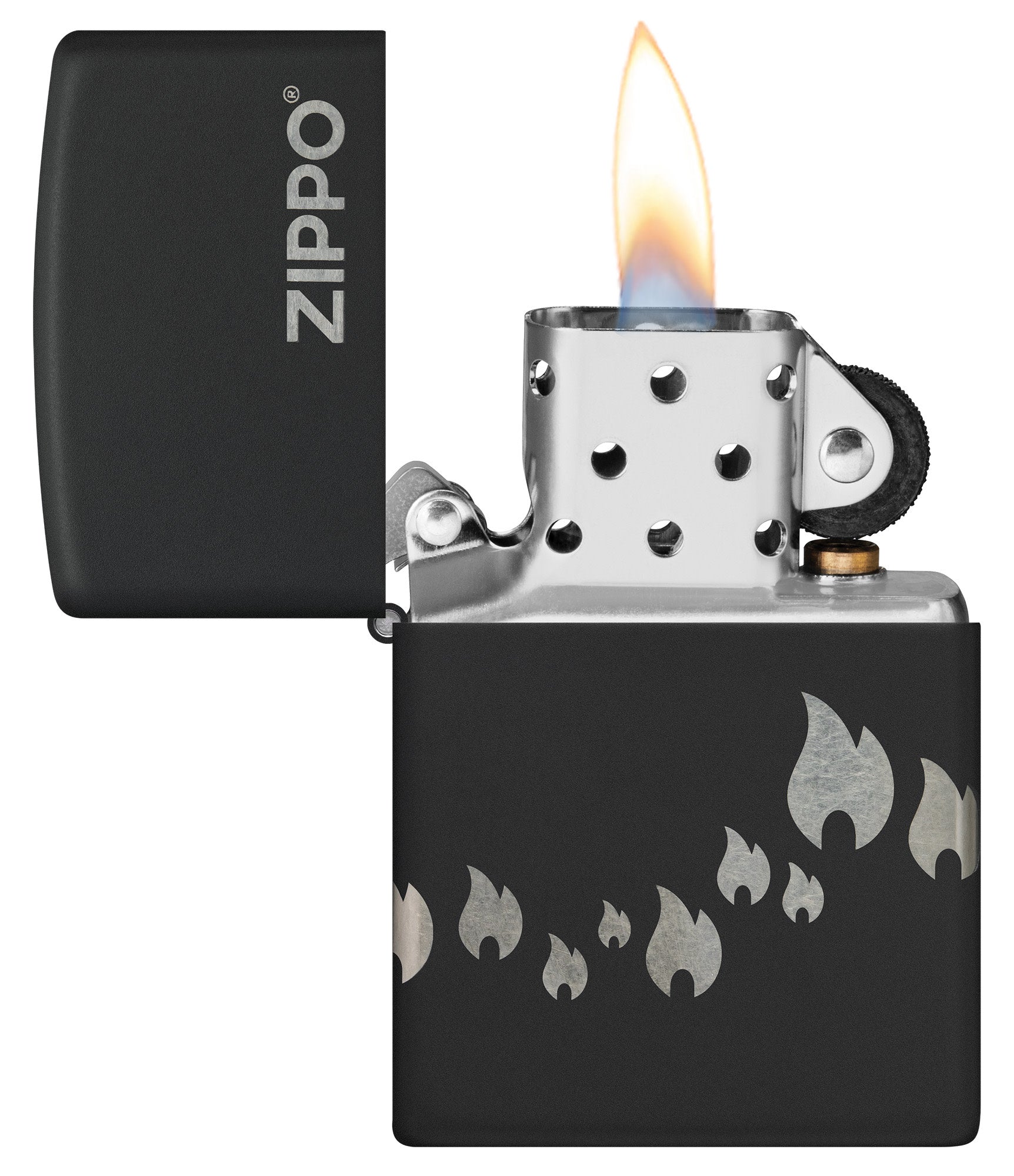 Zippo Chrome Lighter with Flames Design - Black Matte Finish for Outdoor Camping, BBQ & Everyday Use