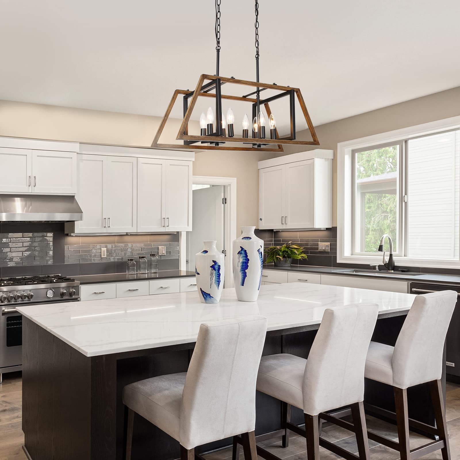 Rustic Farmhouse Chandelier - 8-Light Kitchen Island Pendant Lighting for Dining Room & Farmhouse Decor | Perfect for Country Style Kitchens, Breakfast Nooks, and Rustic Home Interiors