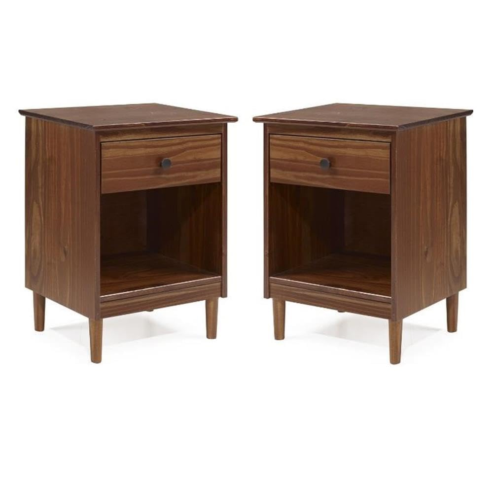 Home Square 2-Piece Solid Walnut Wood Nightstand Set with Drawer | Bedroom Furniture for Bedside Storage & Decor