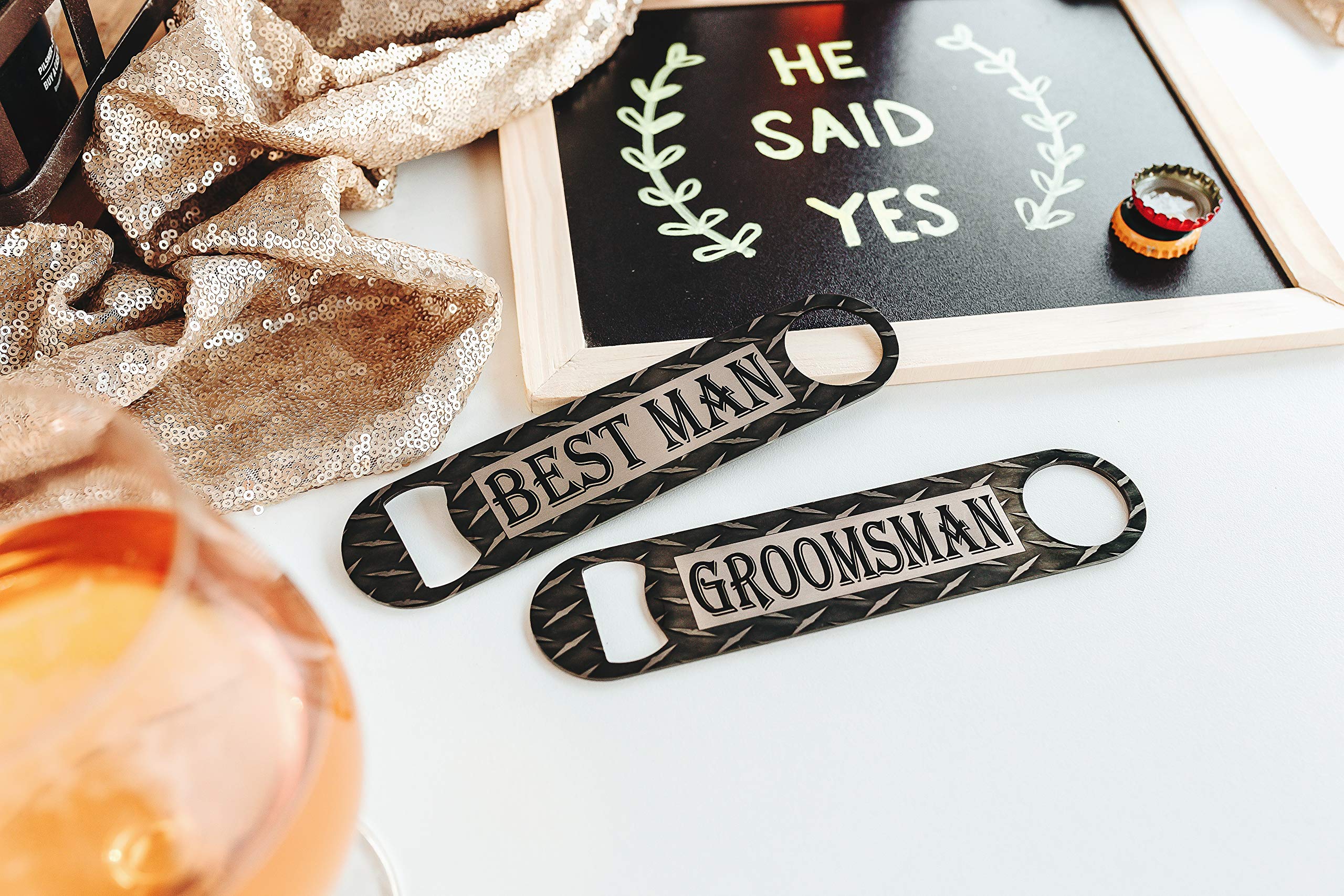 Premium Metal Bottle Opener - Unique Groomsmen & Best Man Proposal Gift for Weddings - Engraved Diamond Plate Design by Daisy Lane - Perfect for Bachelor Parties, Wedding Receptions & Man Cave Decor