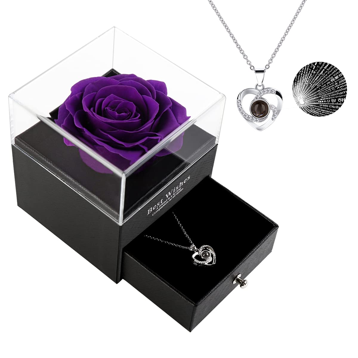 Real Preserved Rose in Glass Dome with 'I Love You' Necklace - Eternal Flower Gift for Women, Mom, Wife, Girlfriend | Perfect for Valentine's Day, Mother's Day, Anniversary, Christmas & Birthday (Purple) - Romantic Home Decor & Thoughtful Present