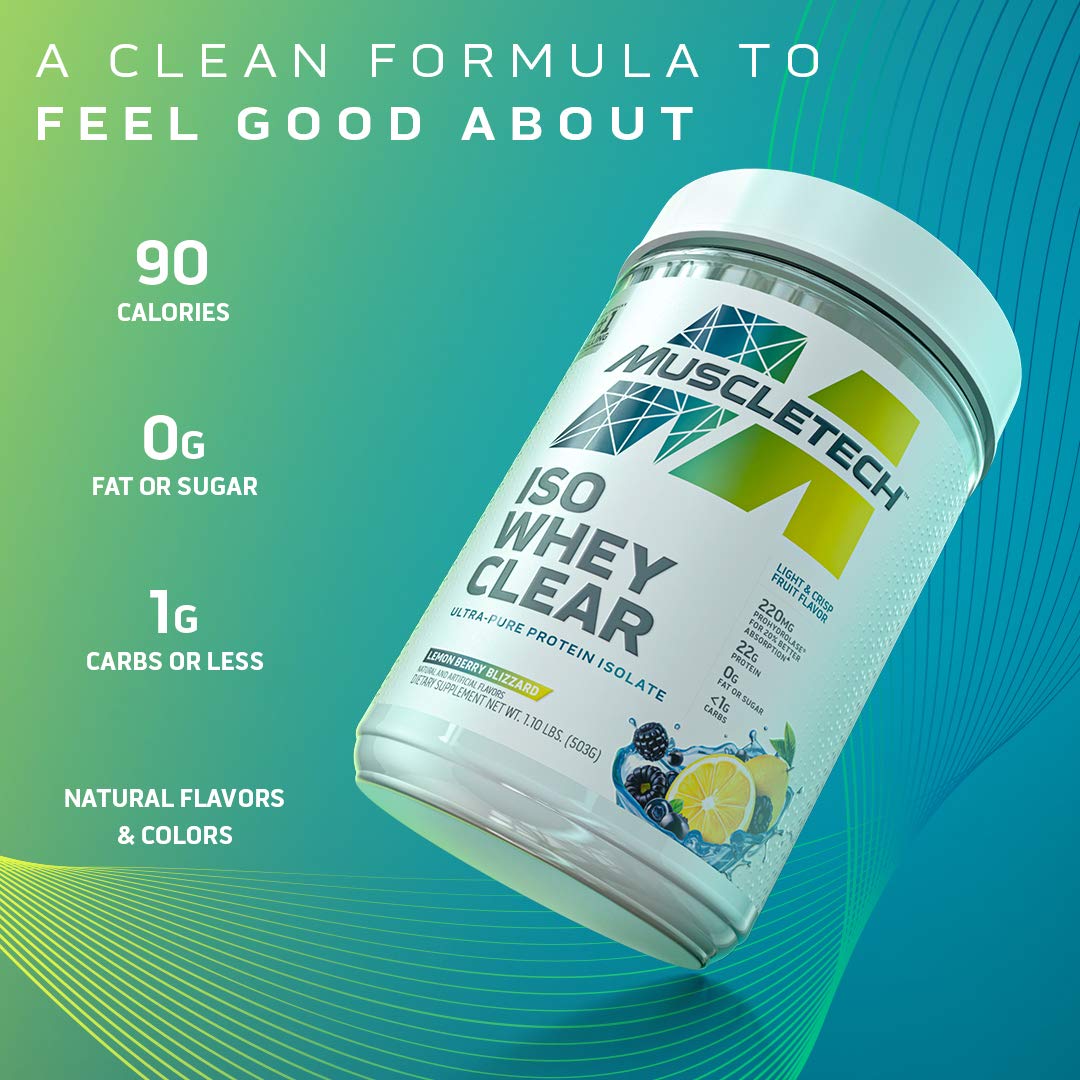 MuscleTech Clear Whey Protein Isolate Powder - 22g Protein, 90 Calories, Lemon Berry Blizzard Flavor - 1.1lb (19 Servings) for Men & Women - Post Workout Recovery & Healthy Lifestyle Supplement