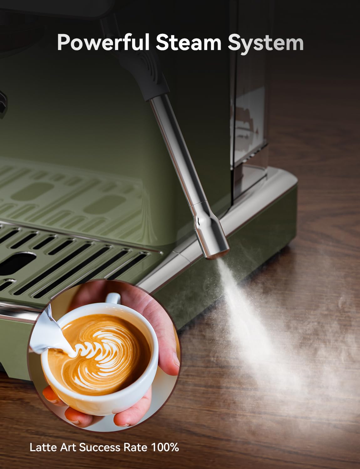 Neretva 15 Bar Espresso Machine with LCD Display - Manual & Auto Mode Stainless Steel Coffee Maker, 60oz Water Tank & Milk Frother for Home Barista - Green - Perfect for Home, Office & Cafe Use