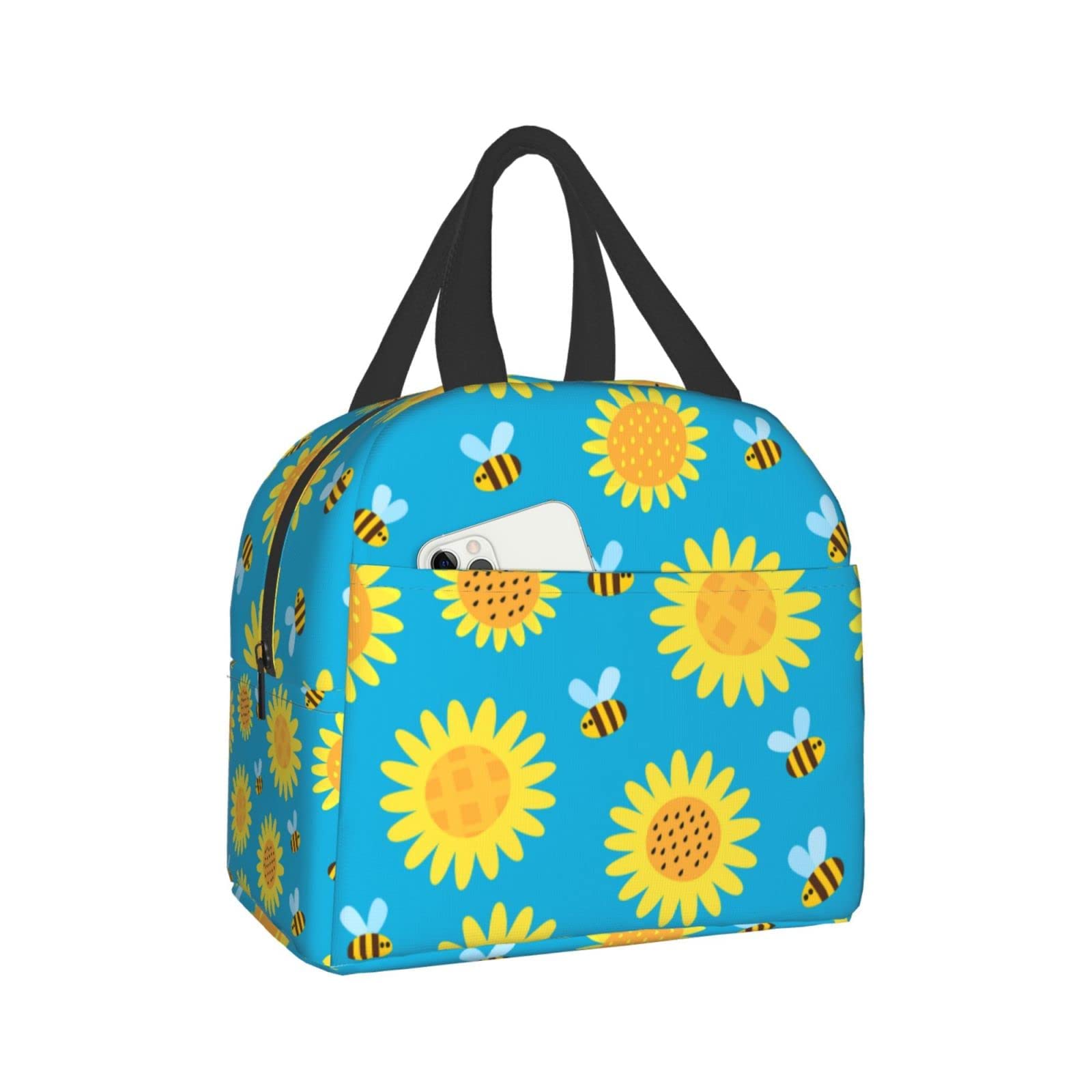 Insulated Reusable Lunch Bag for Women & Men - Cute Kawaii Bees & Sunflowers Design - Perfect for Work, School, Picnic & Travel | Eco-Friendly Lunch Tote Box