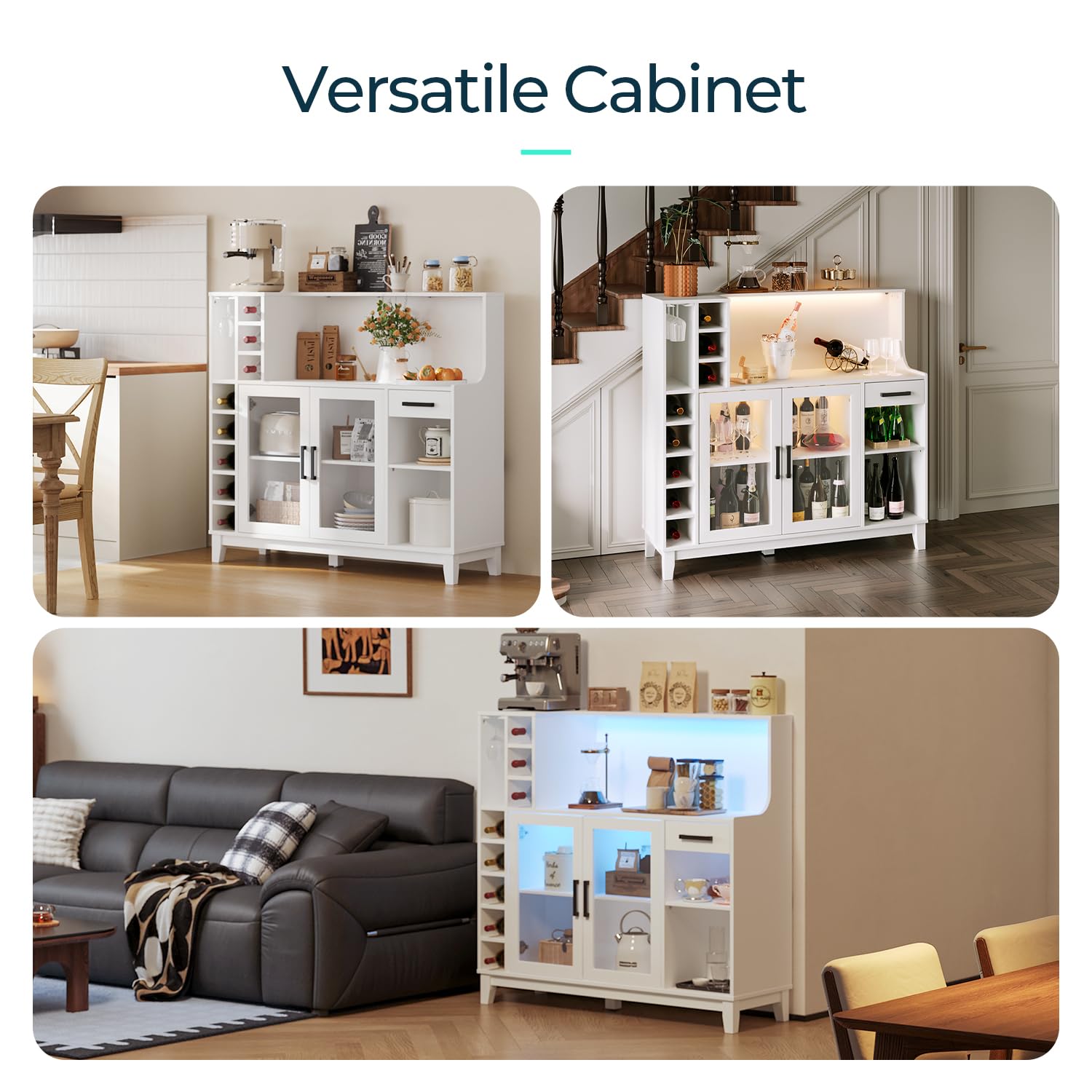 Modern Wine Bar Cabinet with LED Lights & Glass Rack - LINSY HOME Liquor Storage Cabinet with Drawers, Coffee Bar Organizer - Buffet Sideboard for Living Room, Dining Room, Kitchen & Home Bar (White) - Perfect for Entertaining, Wine Storage & Home Decor