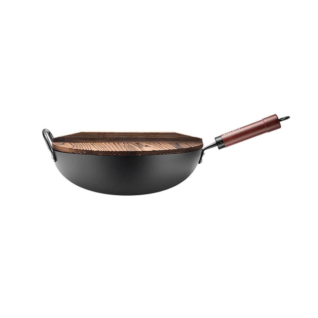 Premium Carbon Steel POW Pot - Traditional Hand-Hammered Red Elm Wok with Wooden Handle | Non-Stick Frying Pan for Gas & Induction Stoves | Perfect for Stir-Frying, Sautéing & Asian Cooking (Size B)