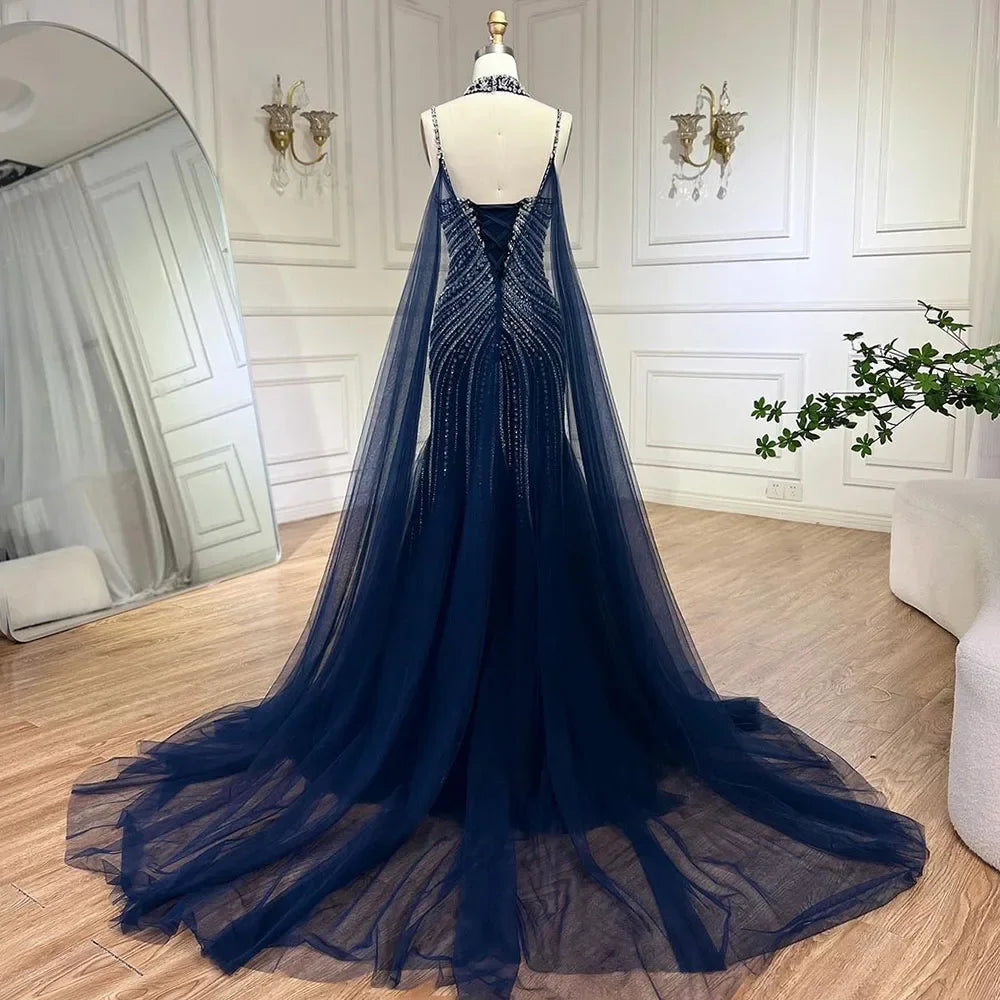 Serene Hill Blue Spaghetti Strap Long Mermaid Evening Gown with Beaded Lace-Up Detail - Elegant Formal Dress for Women's Wedding, Prom, Party & Special Occasions