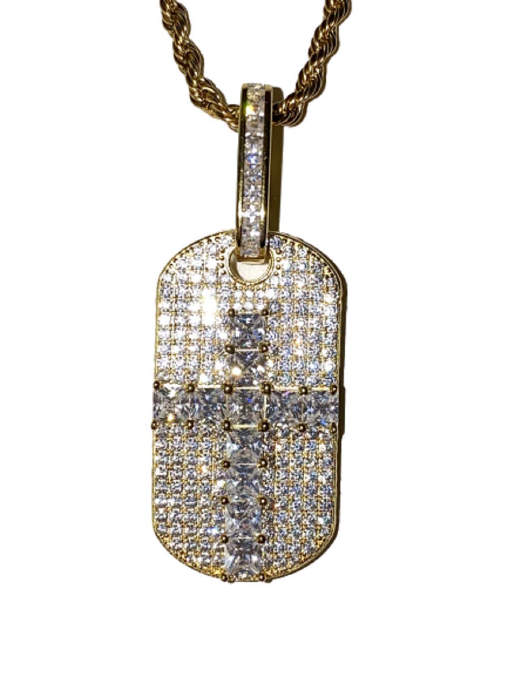 925 Sterling Silver Iced Out Baguette Cross Dog Tag Pendant with 2mm Stainless Steel Rope Chain Necklace (16
