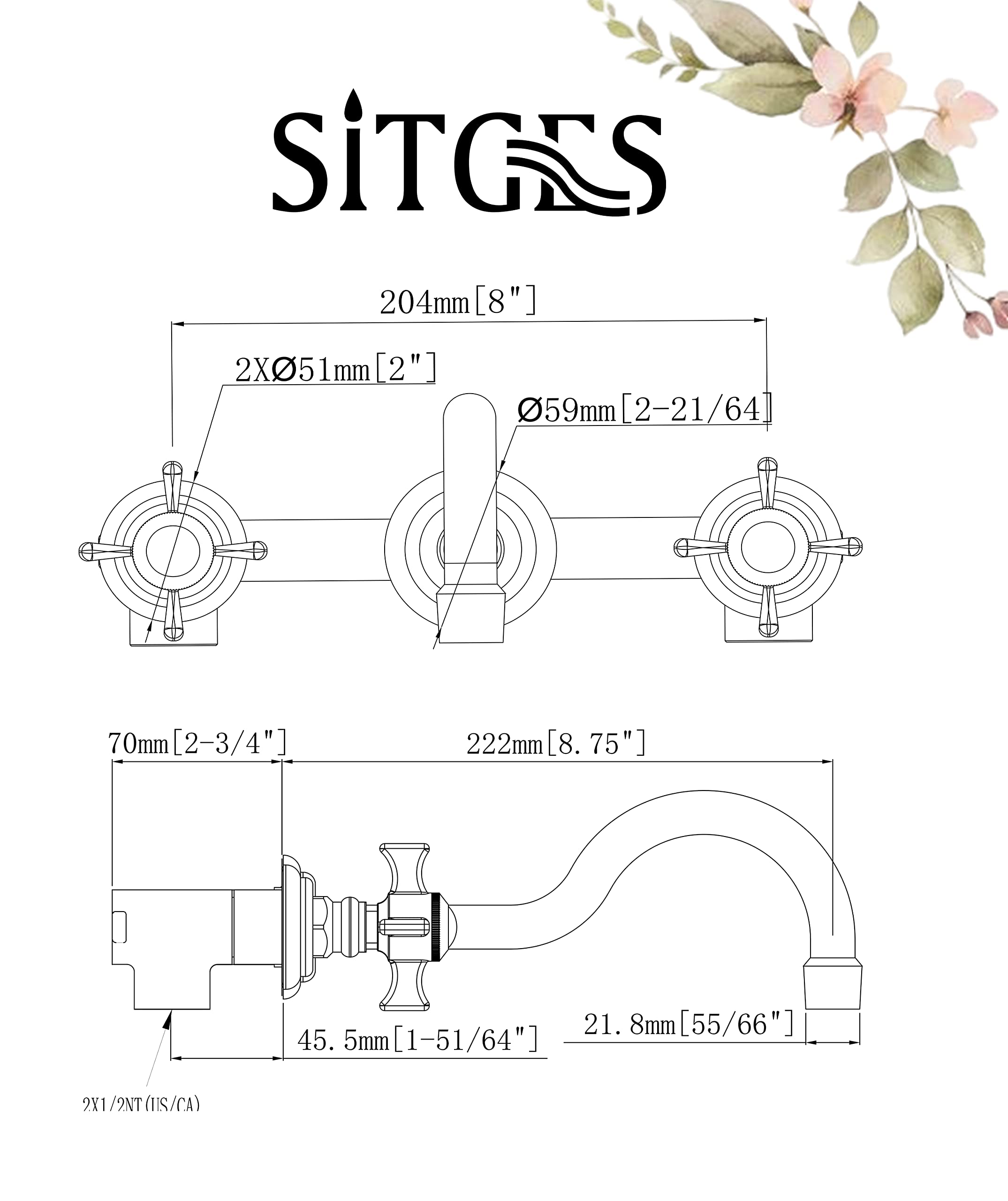 SITGES Brushed Nickel Wall Mount Bathroom Sink Faucet - 2 Handle Wall Mounted Faucet with Rough-in Valve - Perfect for Modern Bathroom & Powder Room Renovations