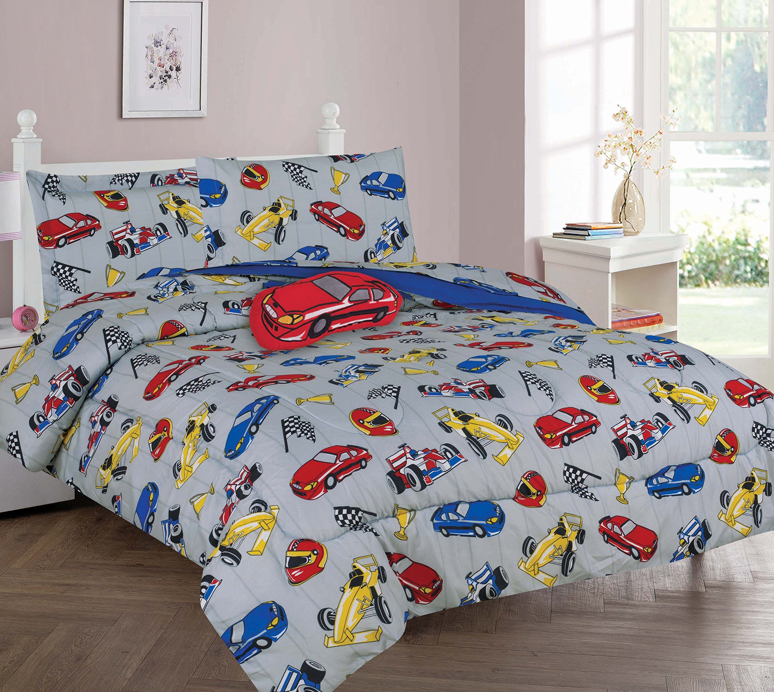 Golden Linens LLC Twin & Full 6-Piece or 8-Piece Comforter Set with Coverlet & Bed in a Bag - Includes Free Toy (Twin 6-Piece, Car Race Design) - Perfect for Kids' Bedrooms, Dorm Rooms & Gift Giving