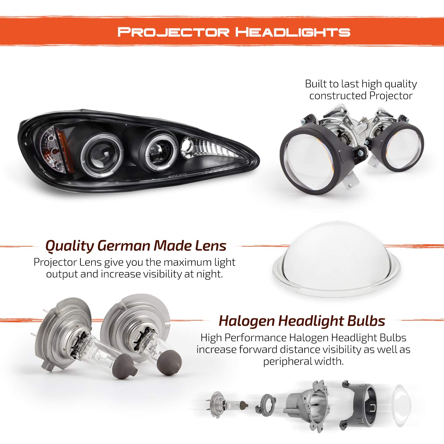 AKKON Black Bezel Dual Halo Ring Projector Headlights for Pontiac Grand AM - Replacement Front Lamps (Left/Right) - Upgrade for Night Driving & Enhanced Style