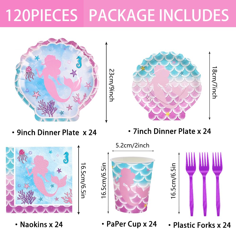 120-Piece Mermaid Party Supplies Set - Ocean Themed Birthday Plates, Napkins, Cups & Tableware for Girls | Baby Shower & Mermaid Birthday Party Decor | Serves 24 Guests | Perfect for Underwater-Themed Celebrations, Pool Parties & Kids' Events