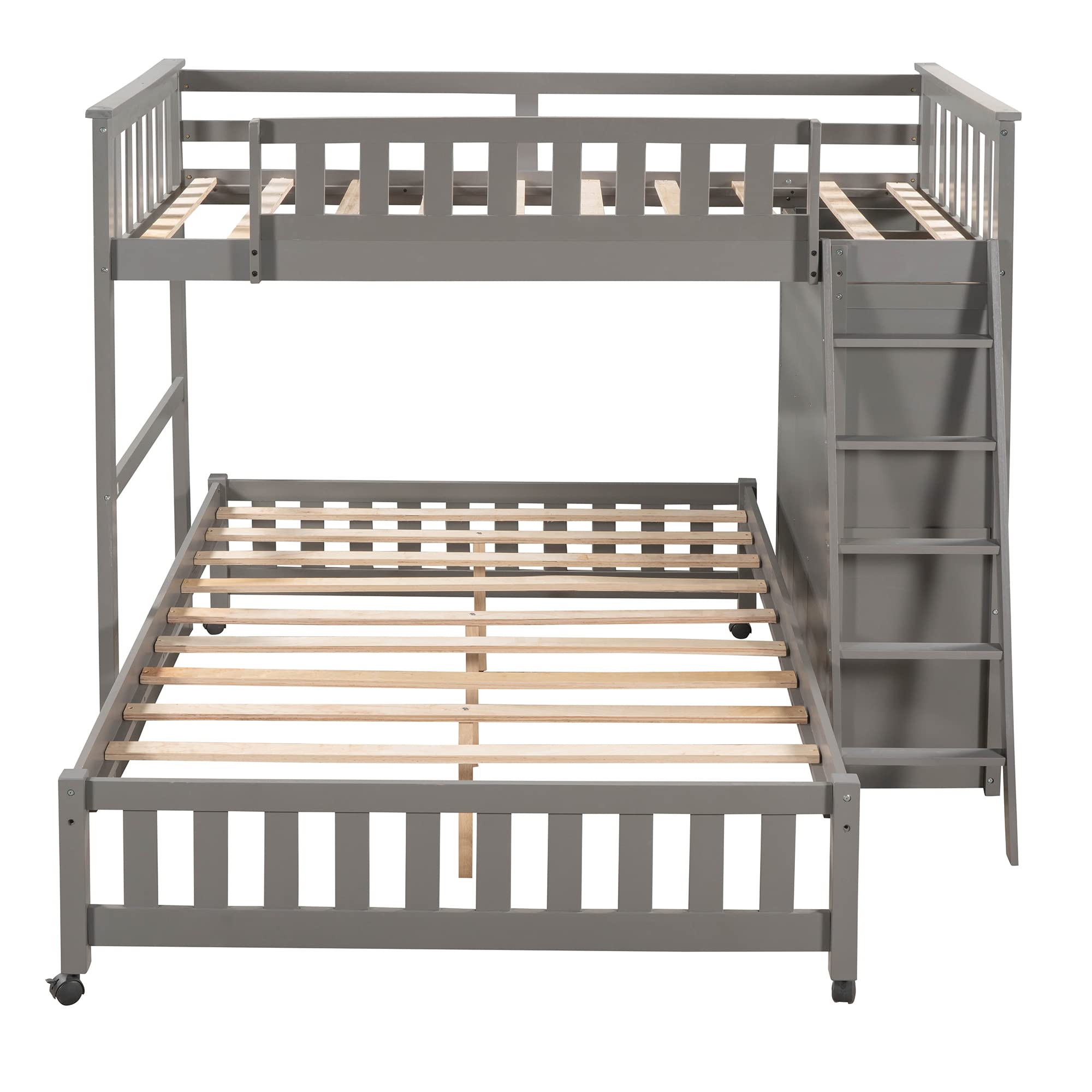 **Sturdy Wooden Bunk Bed for Kids, Teens & Adults - Twin Over Full Size with 6 Drawers, Flexible Shelves & Wheels - No Box Spring Needed (Grey + Wheels01) - Perfect for Small Spaces, Guest Rooms & Shared Bedrooms**
