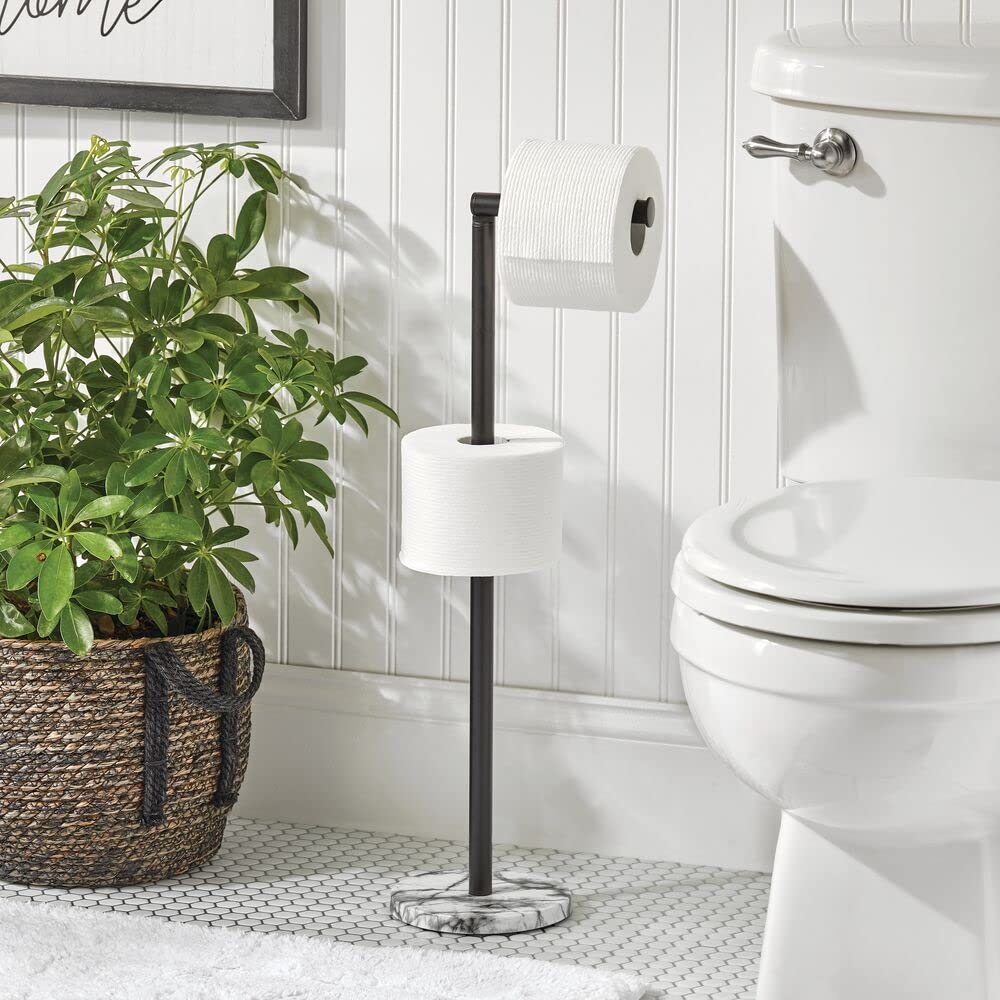 mDesign Steel Standing Modern Toilet Paper Holder - Bathroom Tissue Dispenser Stand with Marble/Black Finish - Holds Mega Rolls - Xene Collection - Perfect for Bathroom Storage Organization & Home Decor