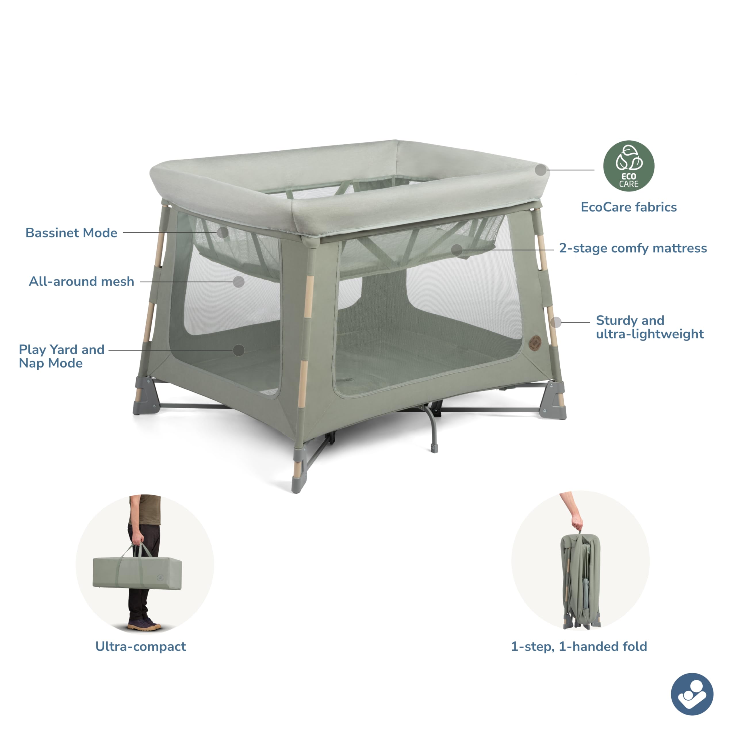 Maxi-Cosi Swift Baby Playpen with Mat - Portable Play Yard with Bassinet for Infants & Toddlers | Indoor & Outdoor Safe Play Space | Classic Green