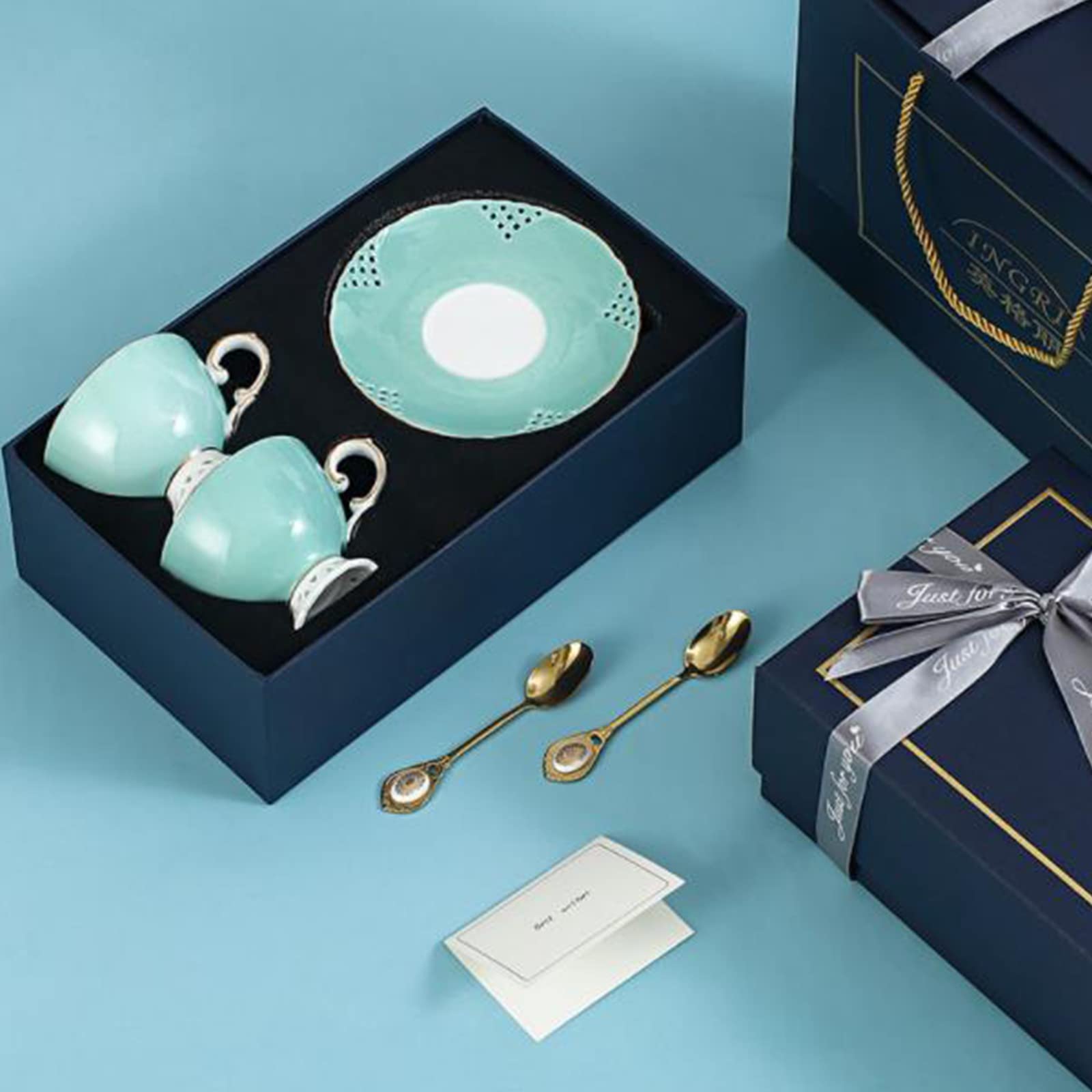 Premium Bone China Tea Set - Elegant Ceramic Coffee Cup & Saucer Pair with Spoons, Luxury Wedding Gift Box (Hollow Blue Design) - Perfect for Anniversary, Bridal Shower & Romantic Couple Gifts