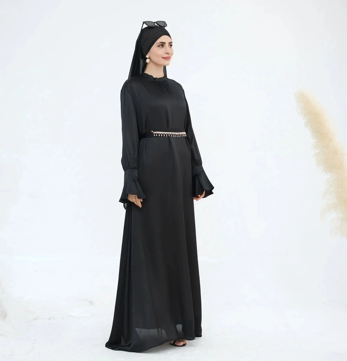 Elegant Satin Abaya Dress with Diamond Chain Belt - Modest Islamic Fashion for Women | Perfect for Prayer, Eid, Wedding & Special Occasions