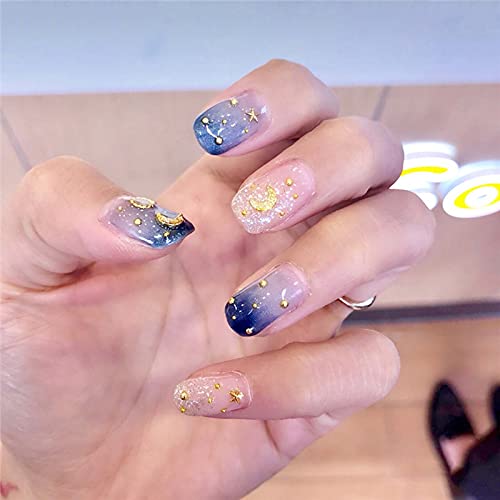 24PCS French Tip Press on Nails Short with Blue & Gold Moon Designs - Fake Coffin Nails with Glue - Ballerina False Nails White Full Cover for Women & Girls - Perfect for Parties, Weddings & Everyday Wear