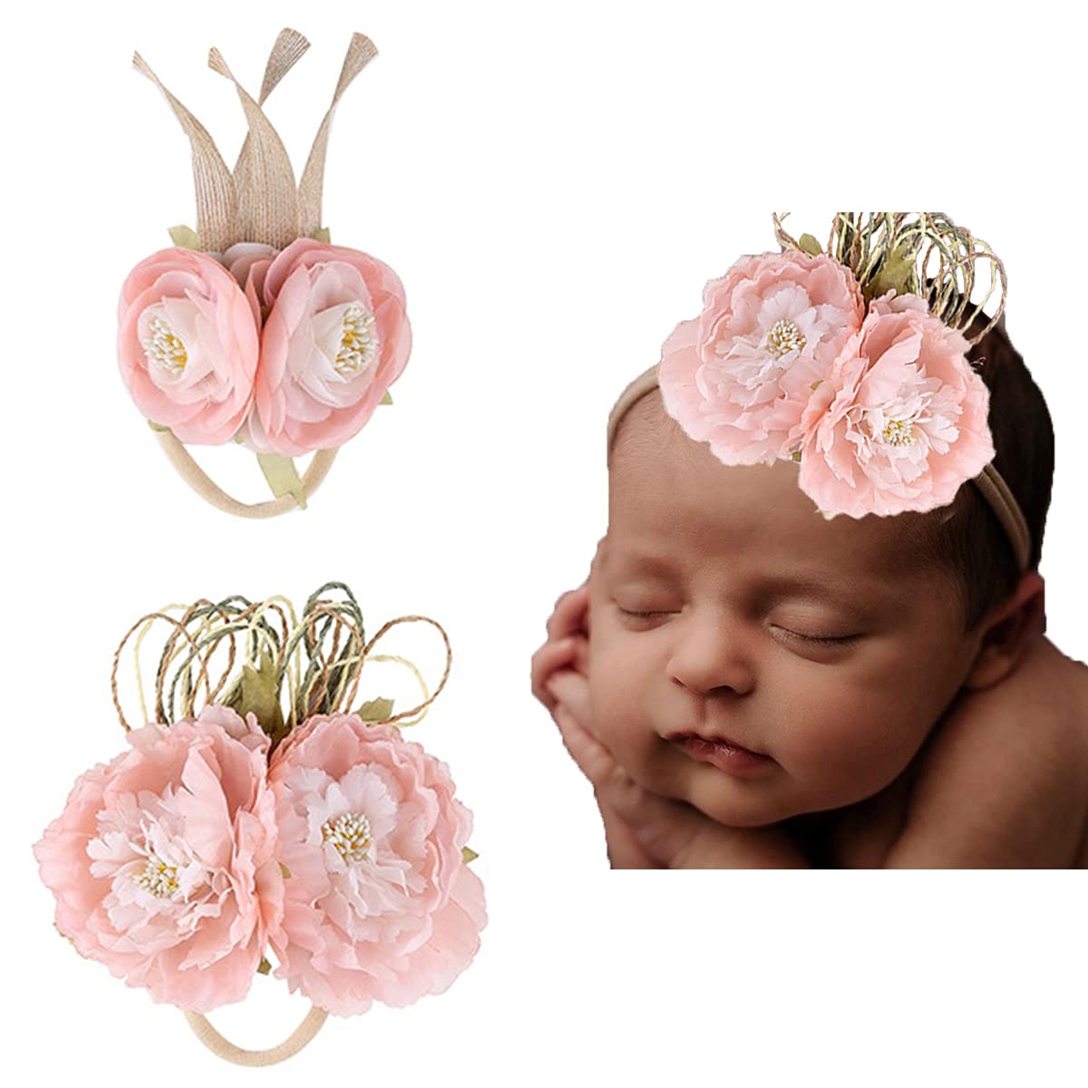 Baby Girls Elastic Chiffon Flower Headbands with Hand-Sewn Beads - Princess Hair Accessories for Newborn, Toddler & Kids - Perfect for Birthday Parties, Photography & Special Occasions