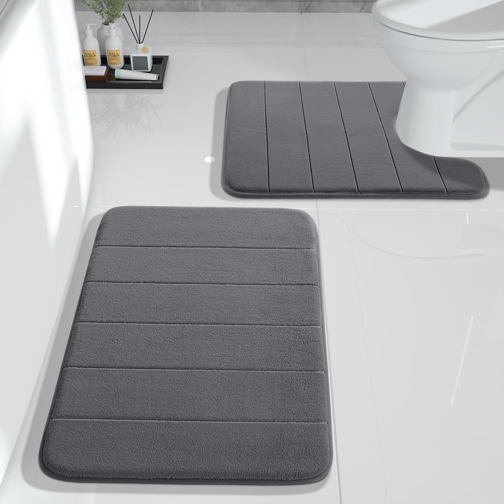 Yimobra 2-Piece Memory Foam Bath Mat Set - Ultra Soft Non-Slip Bathroom Rugs (17x24 & 24x20.4 Inches) - Quick Dry Water Absorbent U-Shaped Toilet Mats for Bathroom Floor - Dark Gray - Perfect for Shower, Bathtub & Bathroom Safety