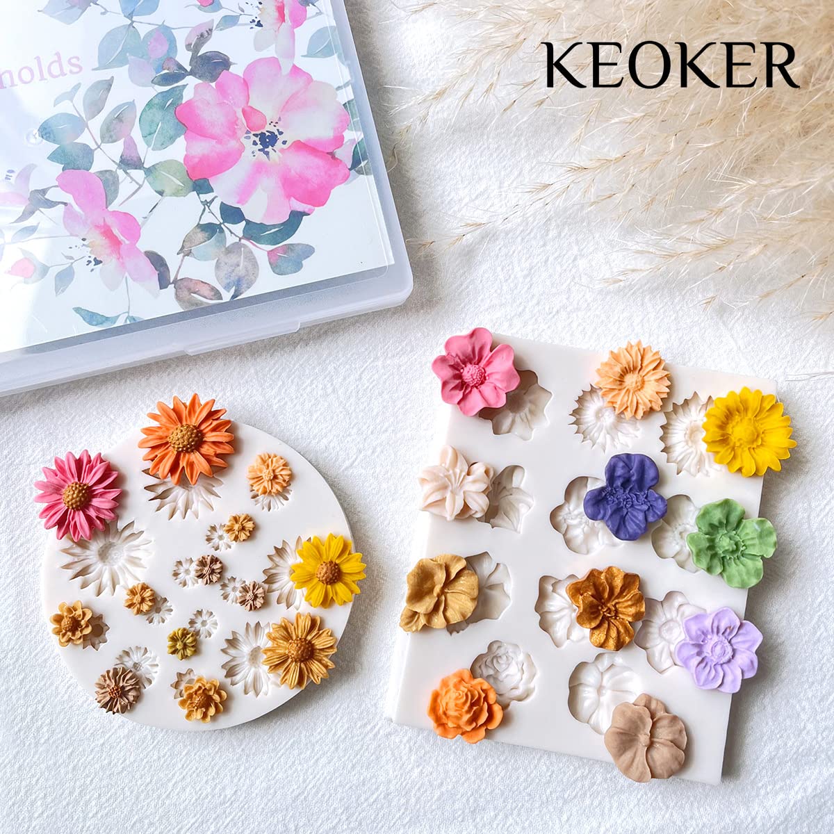 KEOKER Polymer Clay Flower Molds - 2 Pcs Silicone Molds for DIY Jewelry Making, Earrings & Crafts | Medium Floral Cutters for Clay & Resin Art | Perfect for Handmade Earrings, Pendants & Home Decor
