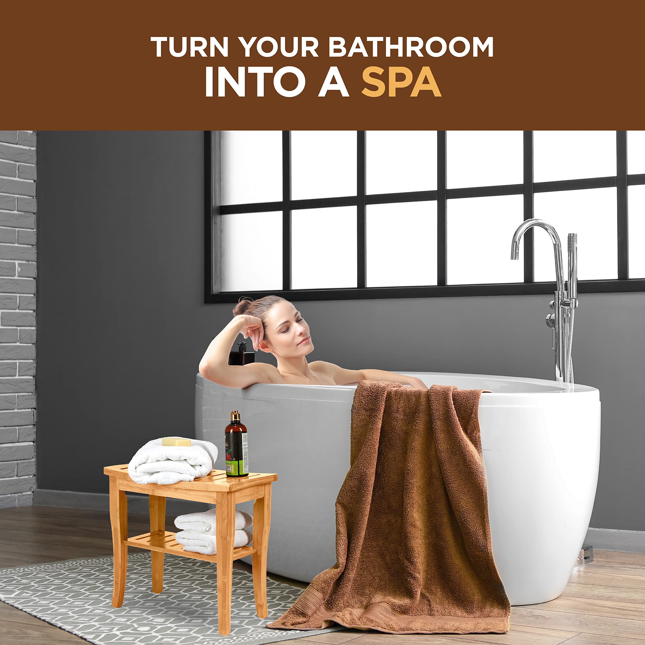 **Bamboo Shower Bench with Storage Shelf - Non-Slip Shower Seat & Bathroom Stool for Spa, Shaving & Relaxation | Indoor & Outdoor Use for Bathroom, Pool & Sauna**