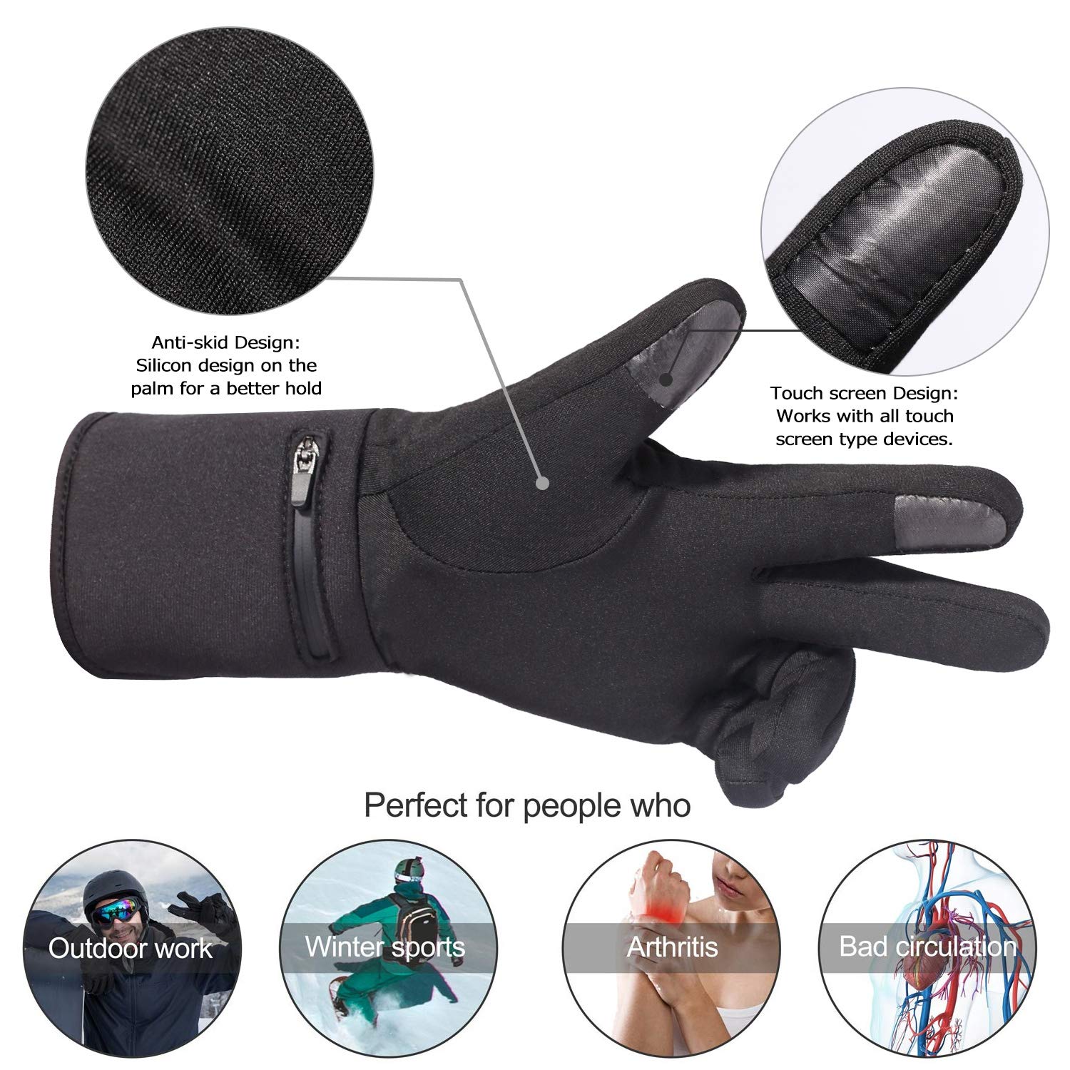 Rechargeable Heated Gloves for Men & Women - Battery Powered Electric Hand Warmers for Skiing, Snowboarding, Hiking, Cycling & Hunting | Thin Thermal Glove Liners for Cold Weather Outdoor Activities