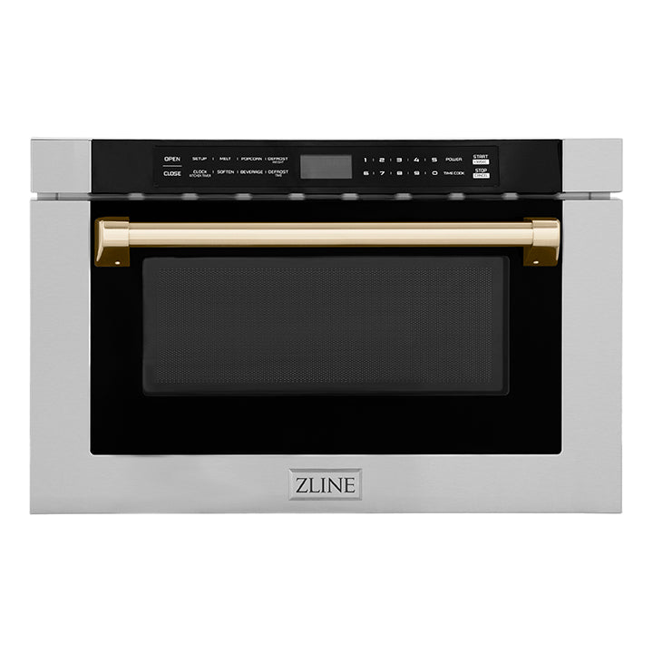 ZLINE Autograph Edition 24-Inch Built-In Microwave Drawer - 1.2 cu.ft Stainless Steel with Polished Gold Accents - Perfect for Modern Kitchens & Luxury Home Renovations (MWDZ 1 H G)