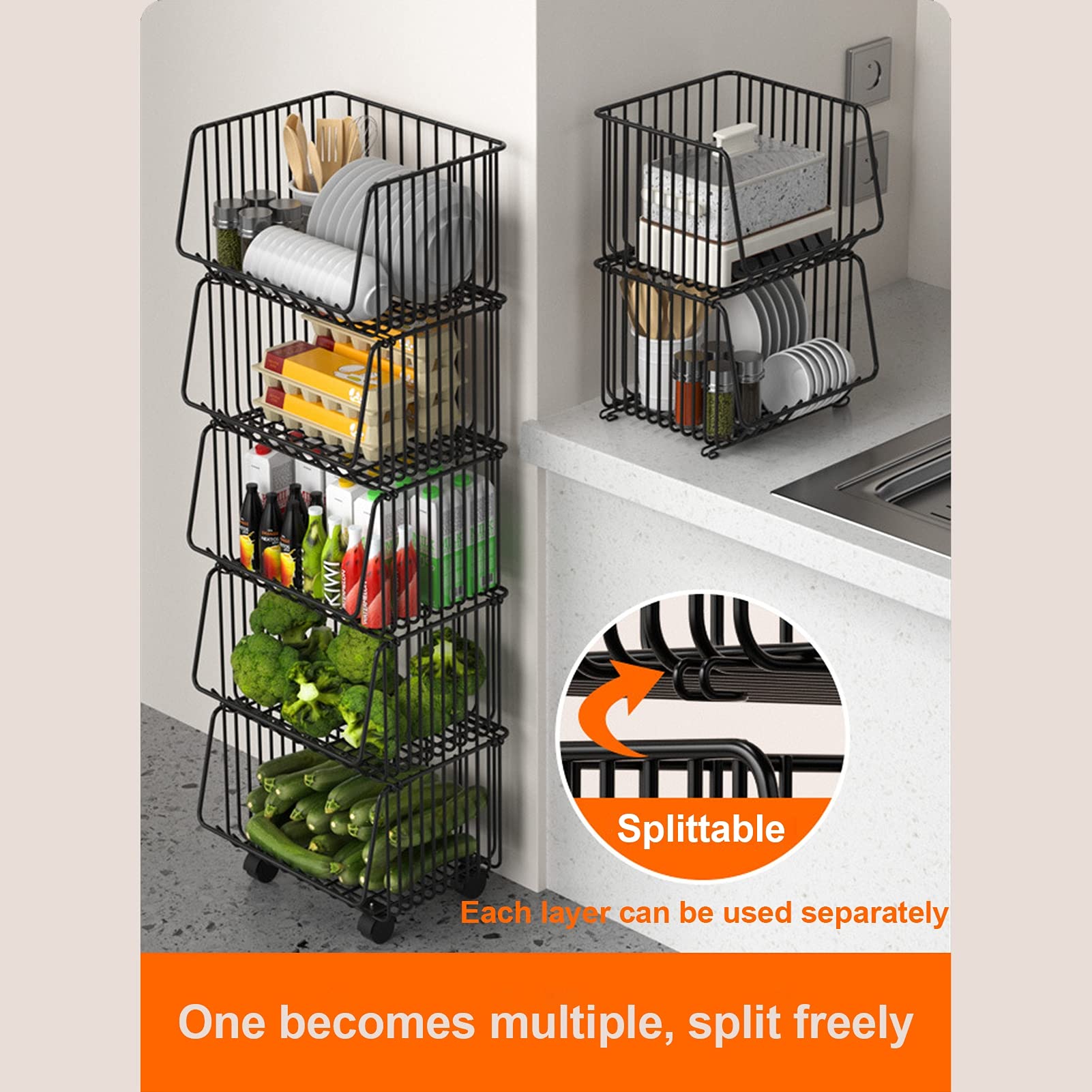5-Tier Wire Hanging Fruit Basket - XL Black Kitchen Storage Organizer for Fruits, Vegetables & Pantry Items | Space-Saving Produce Rack for Countertop, Garden Harvest & Home Organization